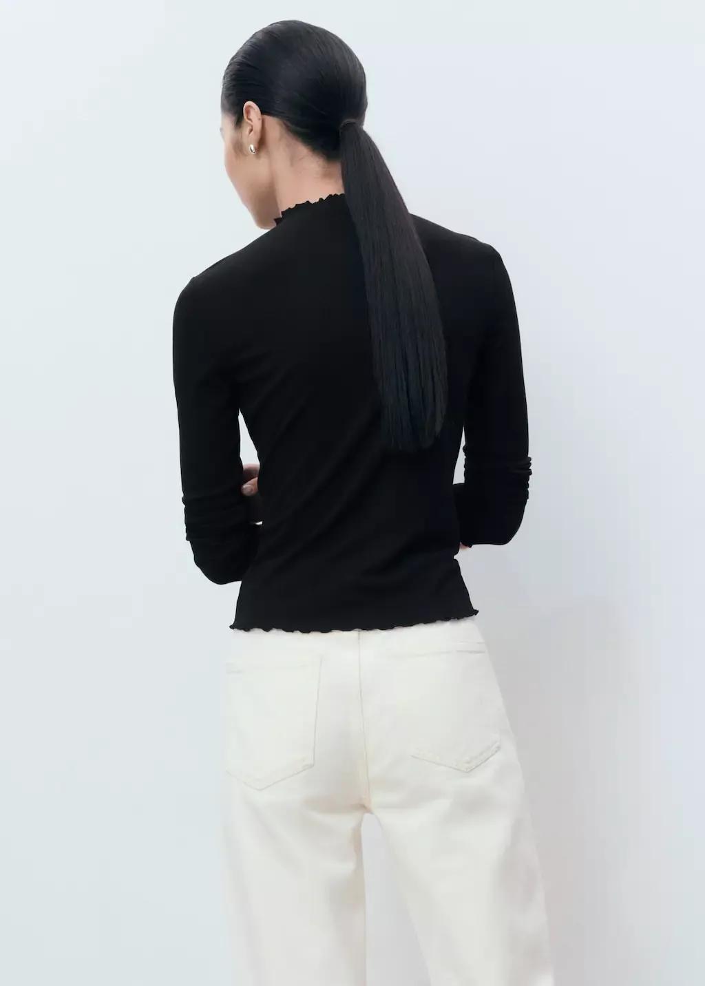 Black Ribbed T-Shirt With Scalloped Trim, , large image number 4