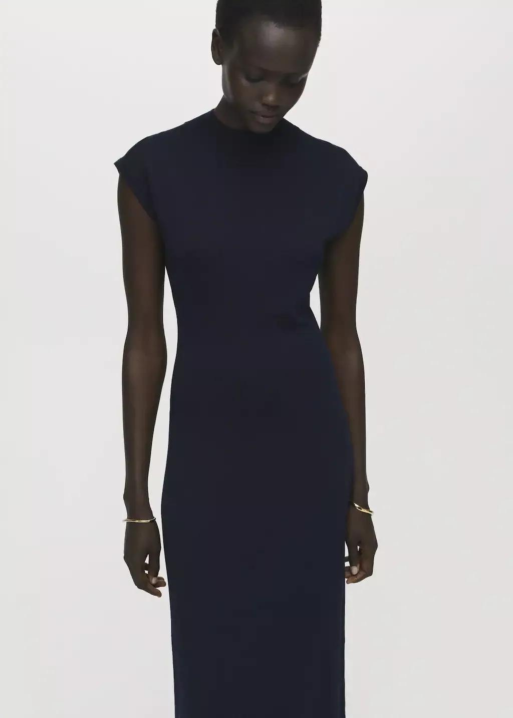 Navy Perkins-Neck Knitted Dress, , large image number 0