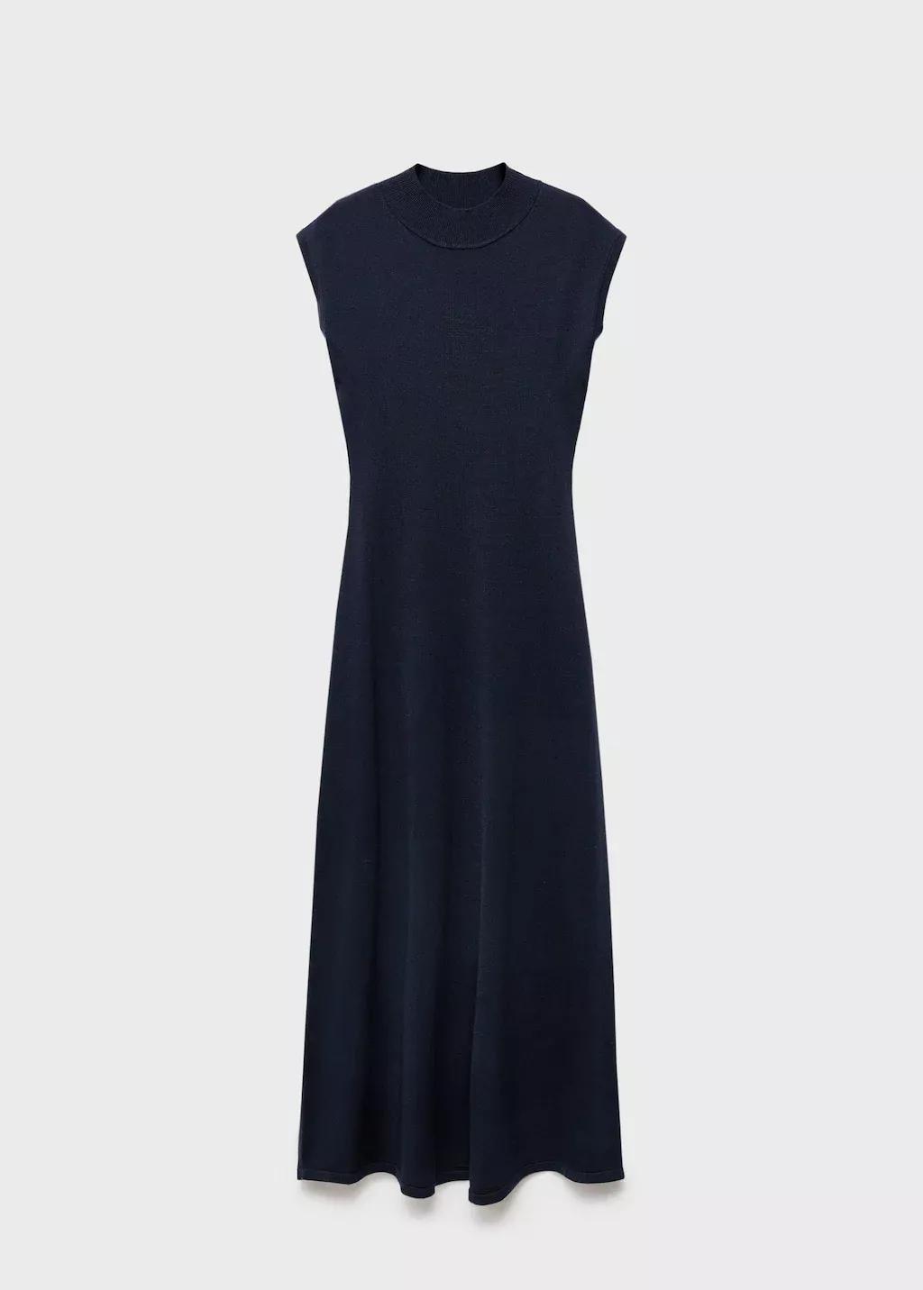 Navy Perkins-Neck Knitted Dress, , large image number 3