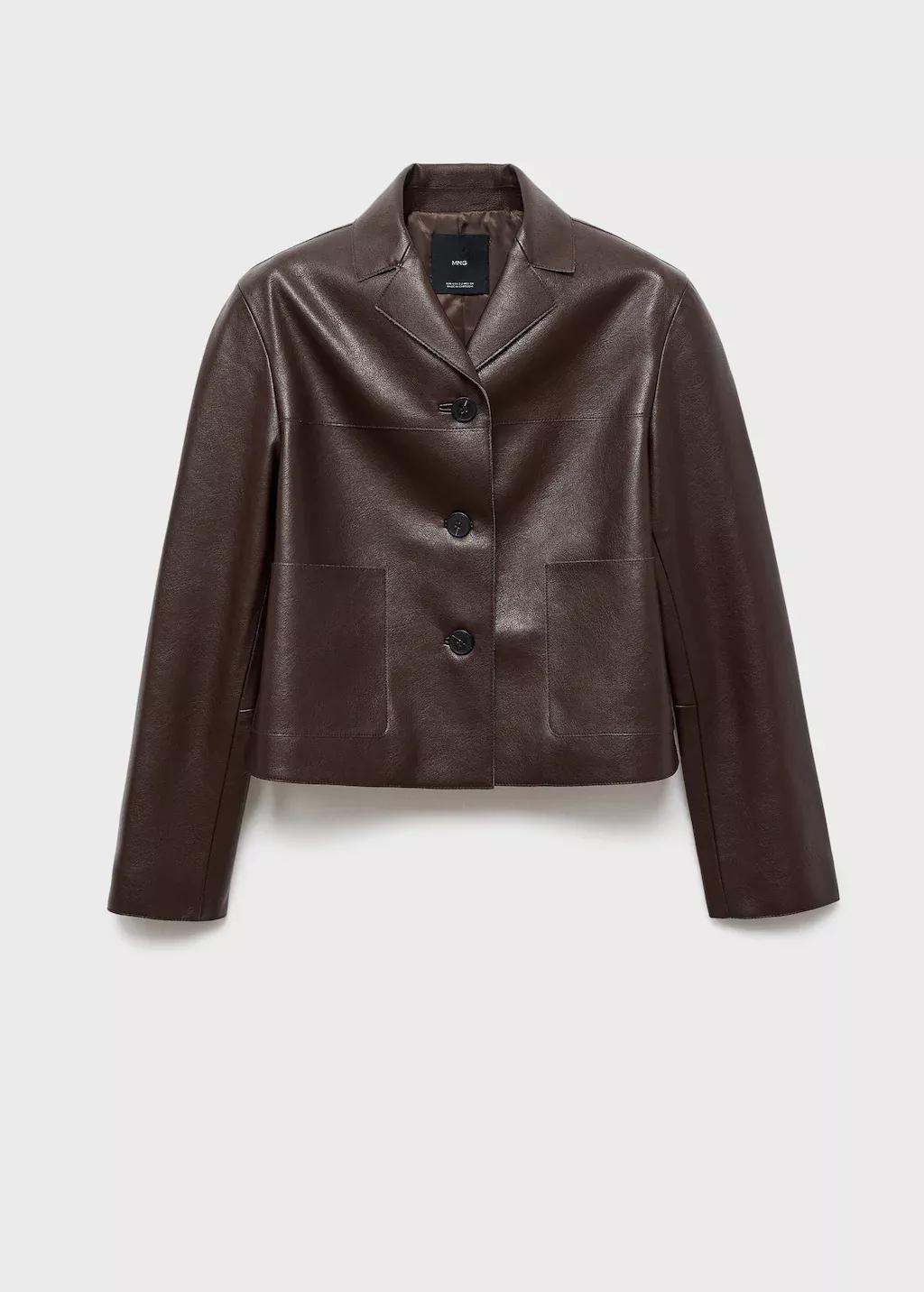 Brown Leather-Effect Jacket With Pockets, Dark Brown, large image number 1