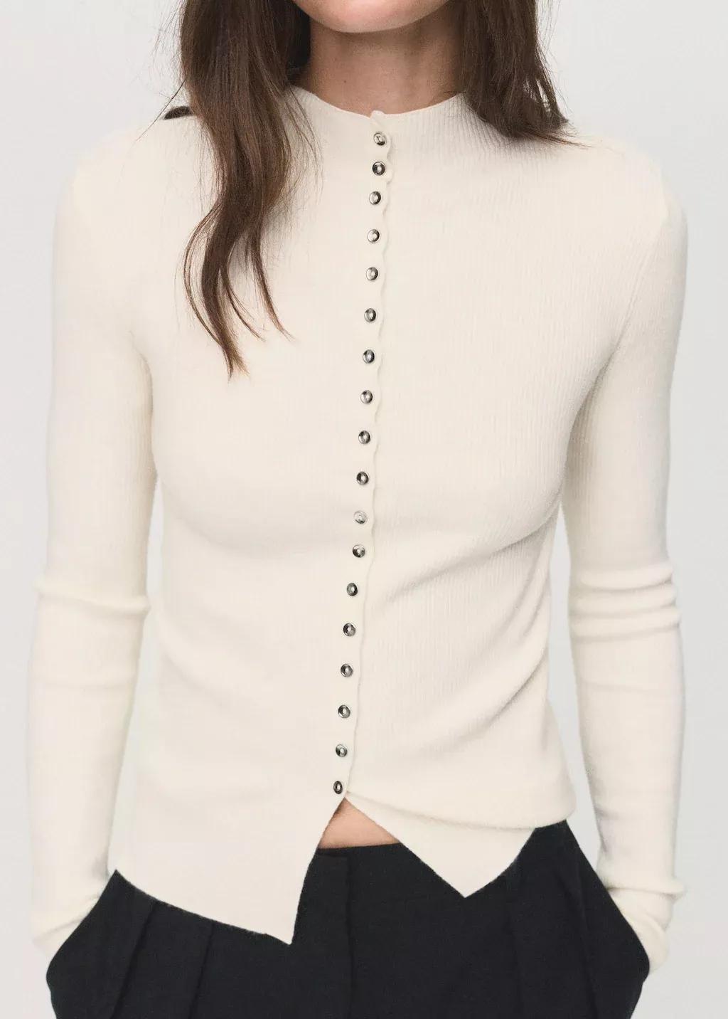 Beige Fine Rib Knit Cardigan, Light Beige, large image number 0