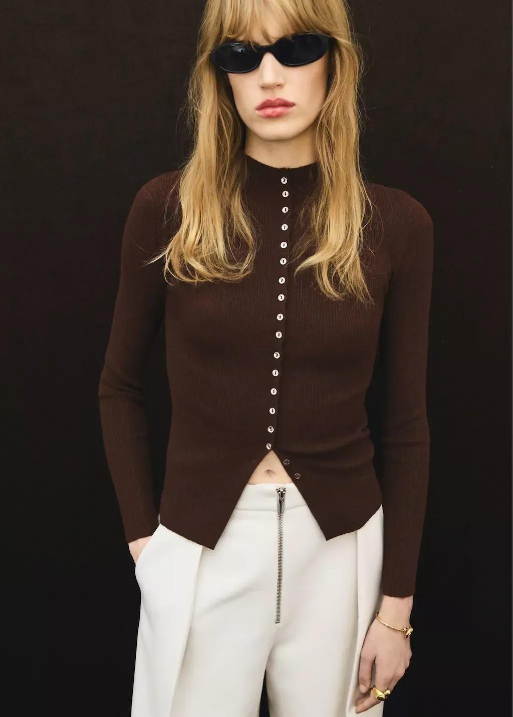 Brown Fine Rib Knit Cardigan, Dark Brown, medium