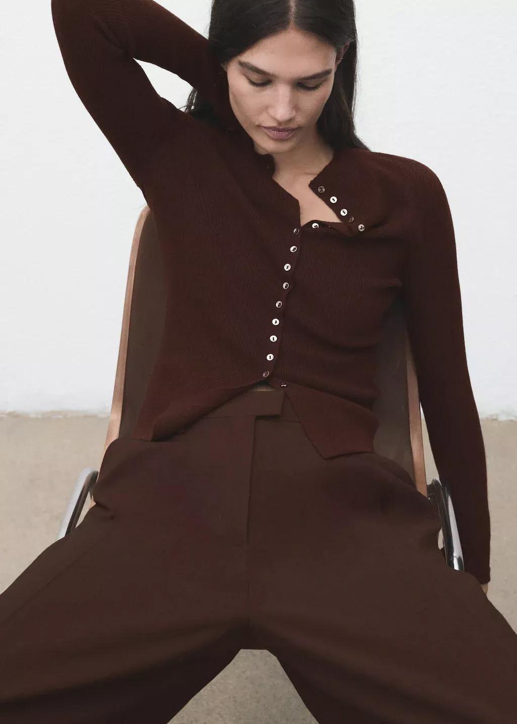 Brown Fine Rib Knit Cardigan, Dark Brown, large image number 2