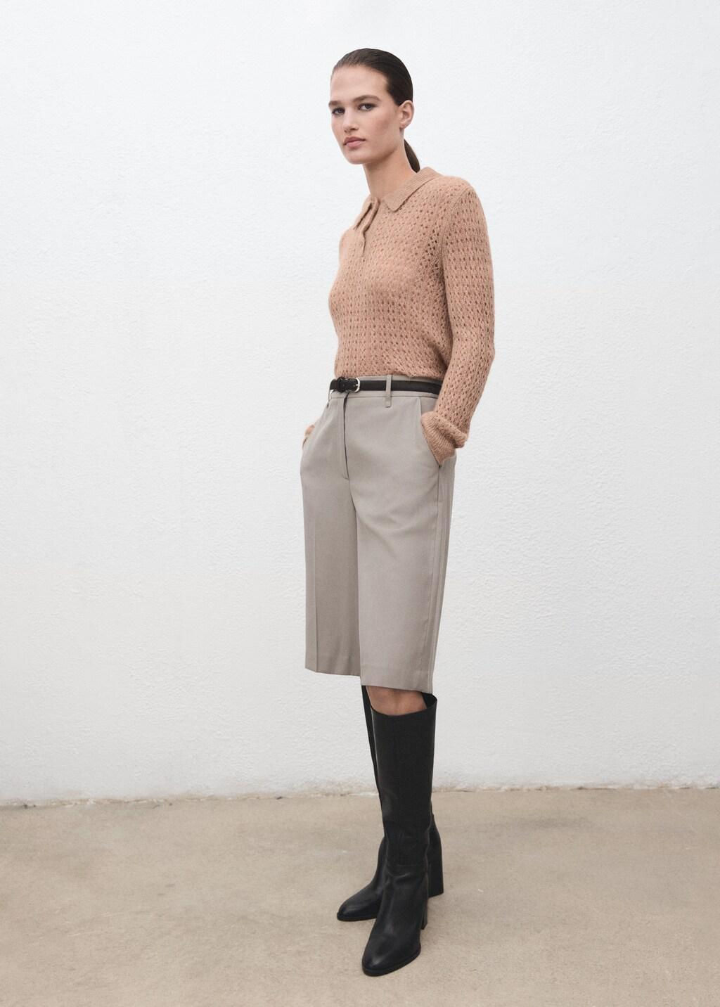 Brown Openwork Knitted Polo-Neck Sweater, 0201_09, large image number 0