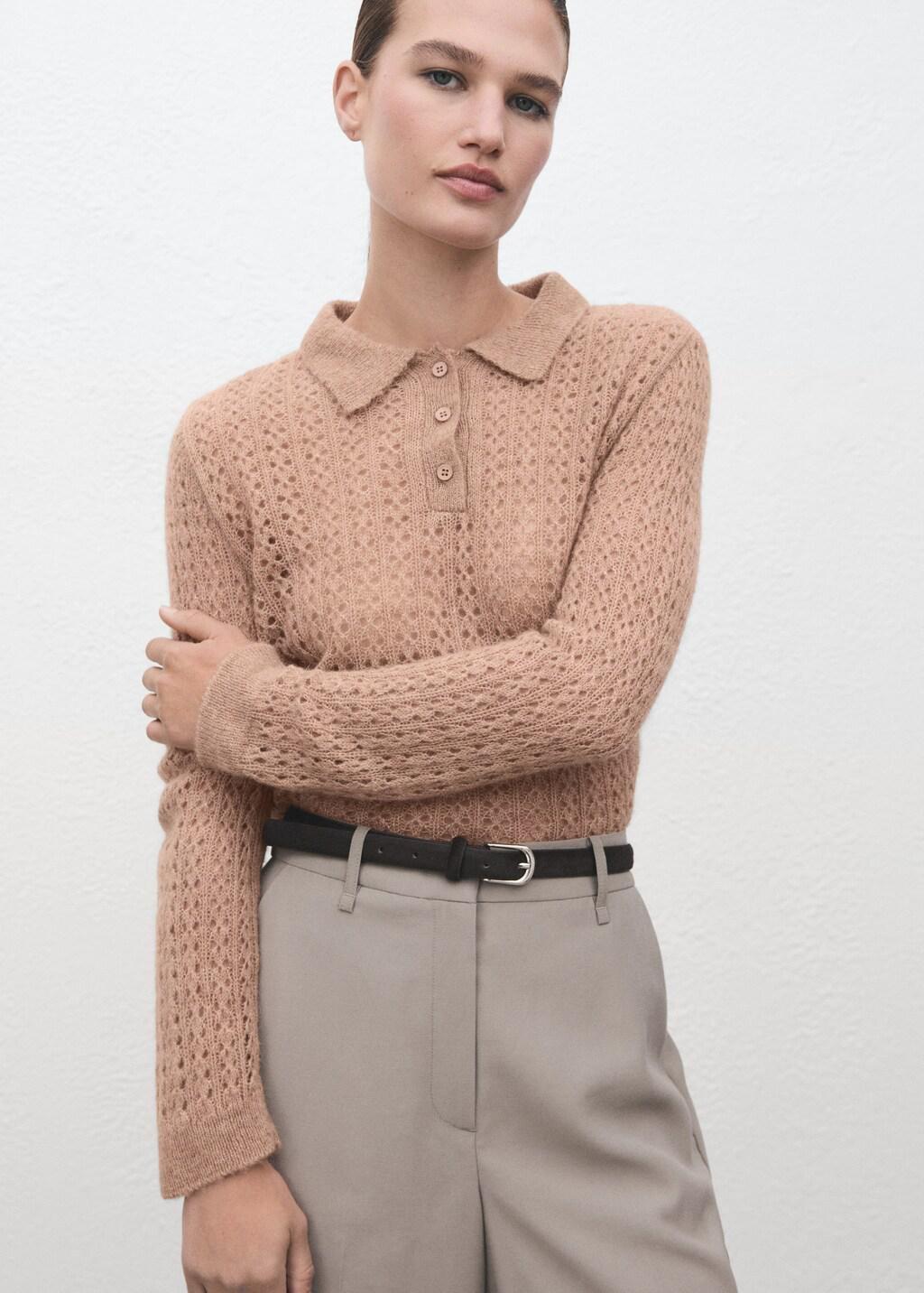 Brown Openwork Knitted Polo-Neck Sweater, 0201_09, large image number 3