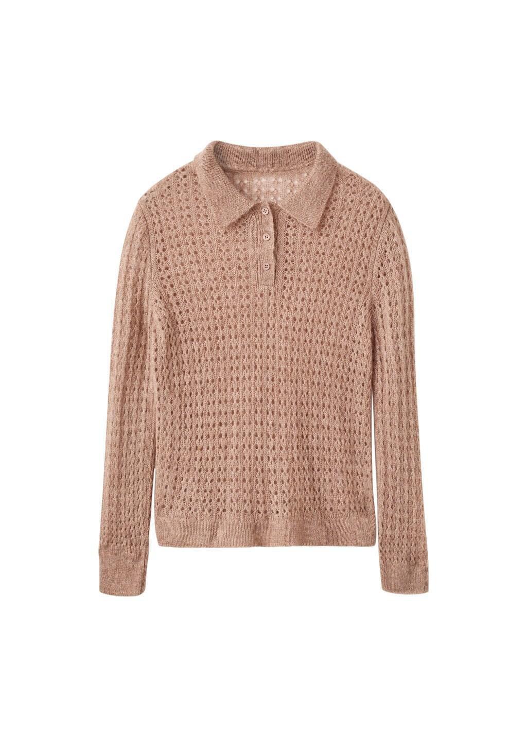 Brown Openwork Knitted Polo-Neck Sweater, 0201_09, large image number 6