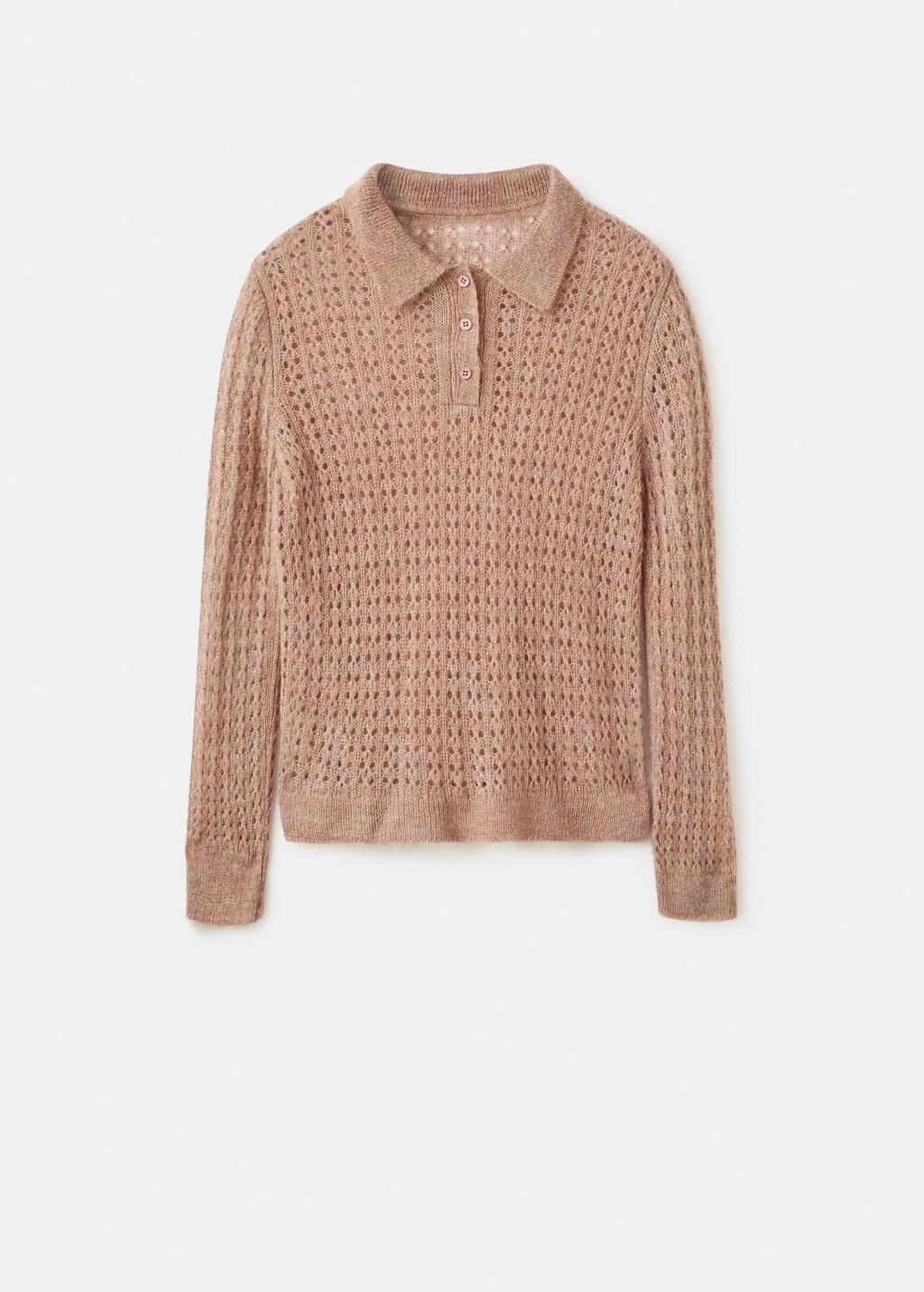 Brown Openwork Knitted Polo-Neck Sweater, 0201_09, large image number 7