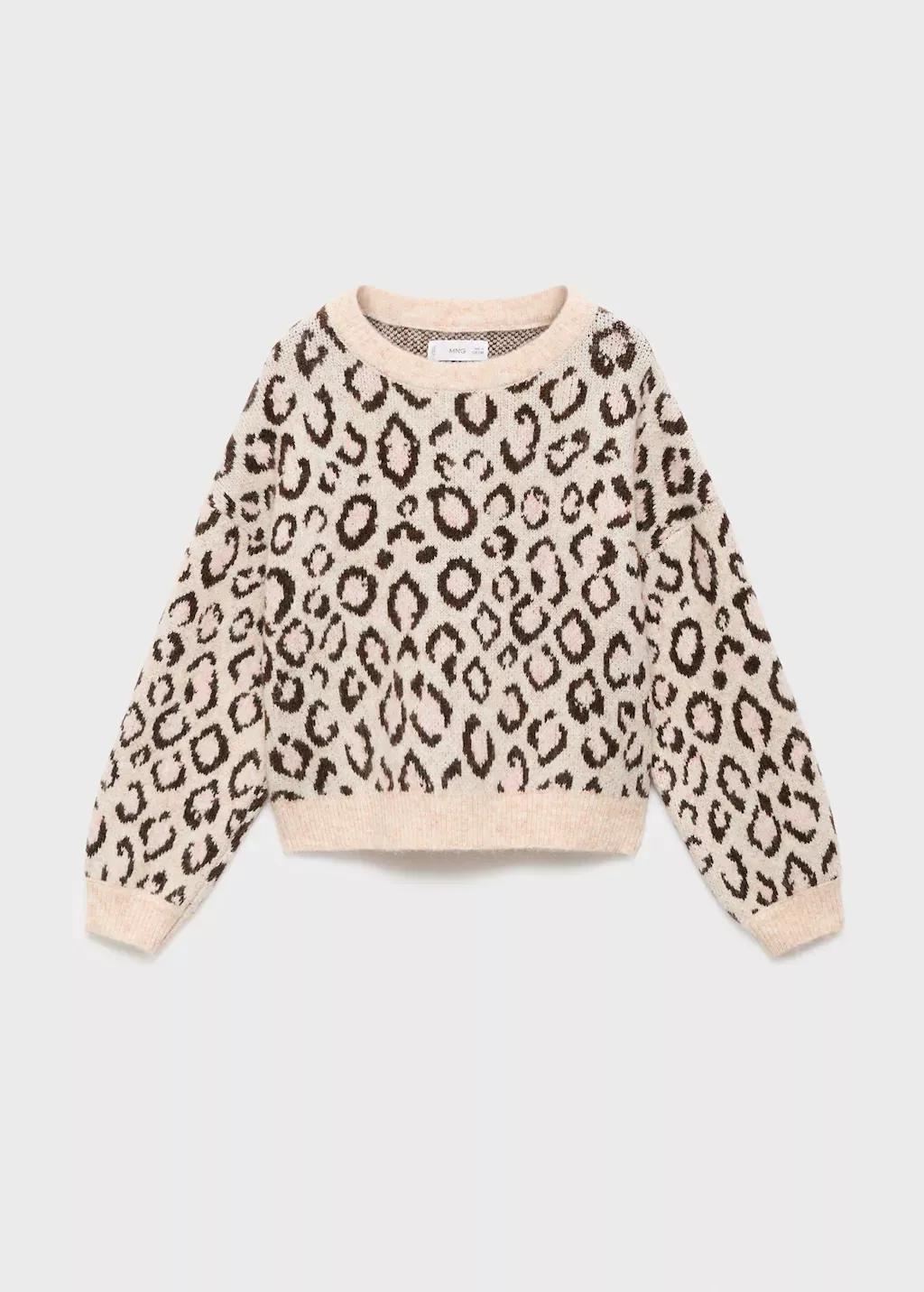 Brown Leopard-Print Knitted Sweater, Kids Girls, Light Pastel Brown, medium
