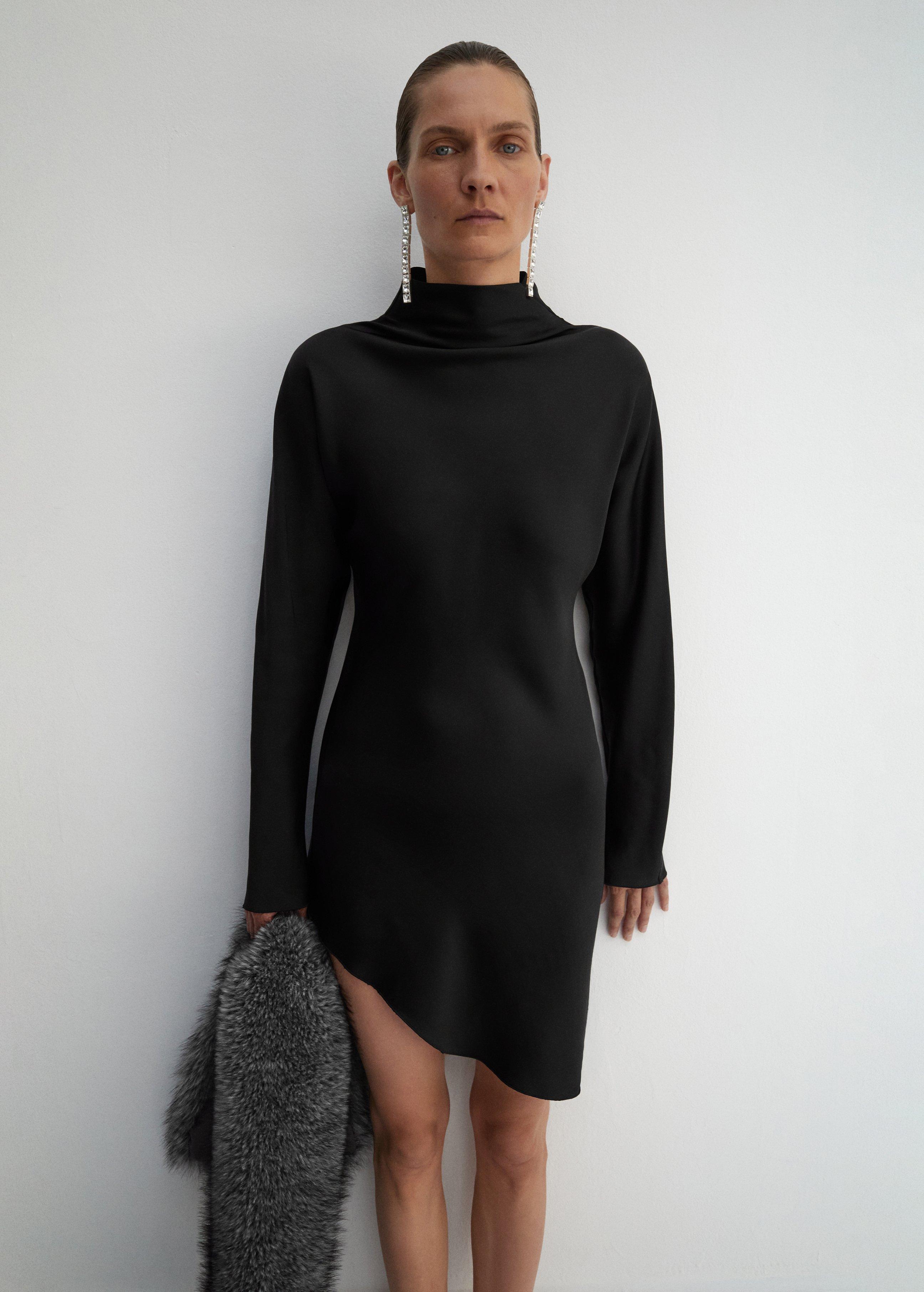 Black Satin Dress With Asymmetrical Dress, , large image number 0