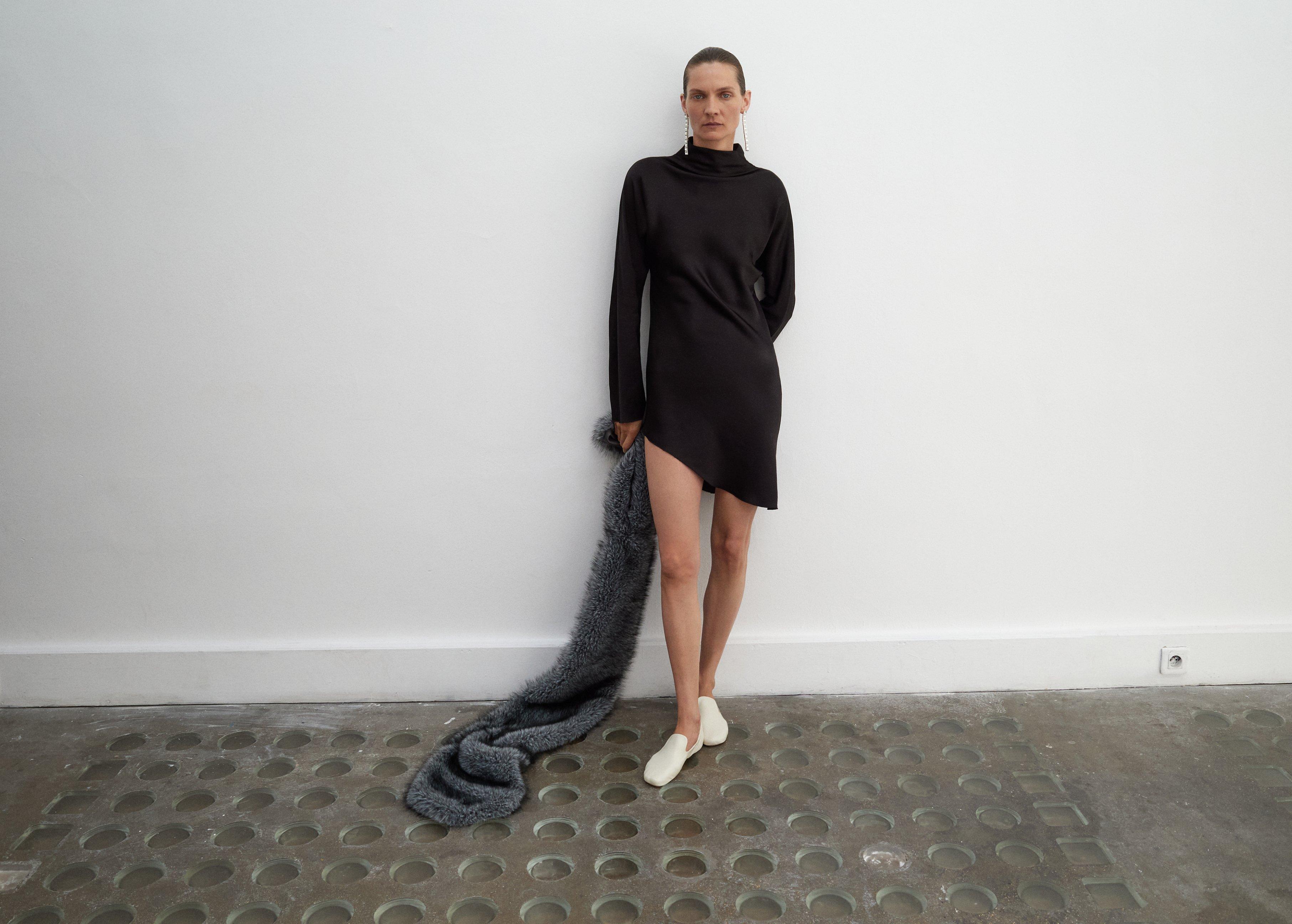 Black Satin Dress With Asymmetrical Dress, , large image number 3