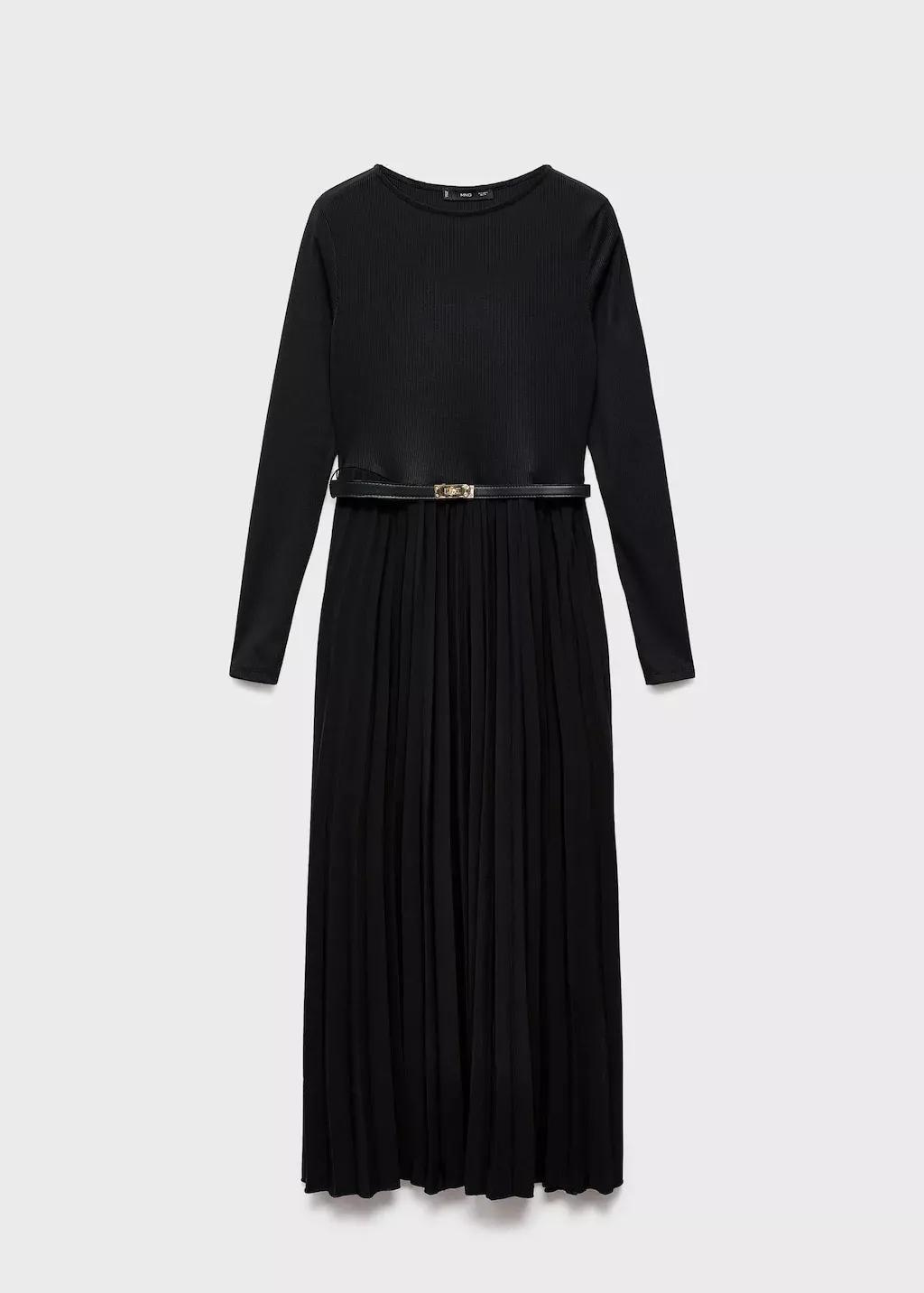Black Pleated Dress With Belt, Black, medium