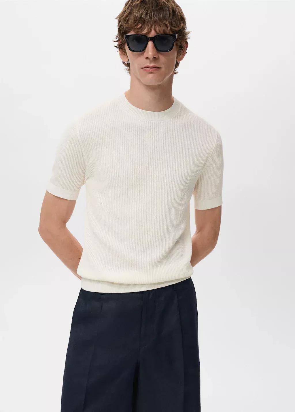 White Ribbed Knit T-Shirt, Natural White, medium
