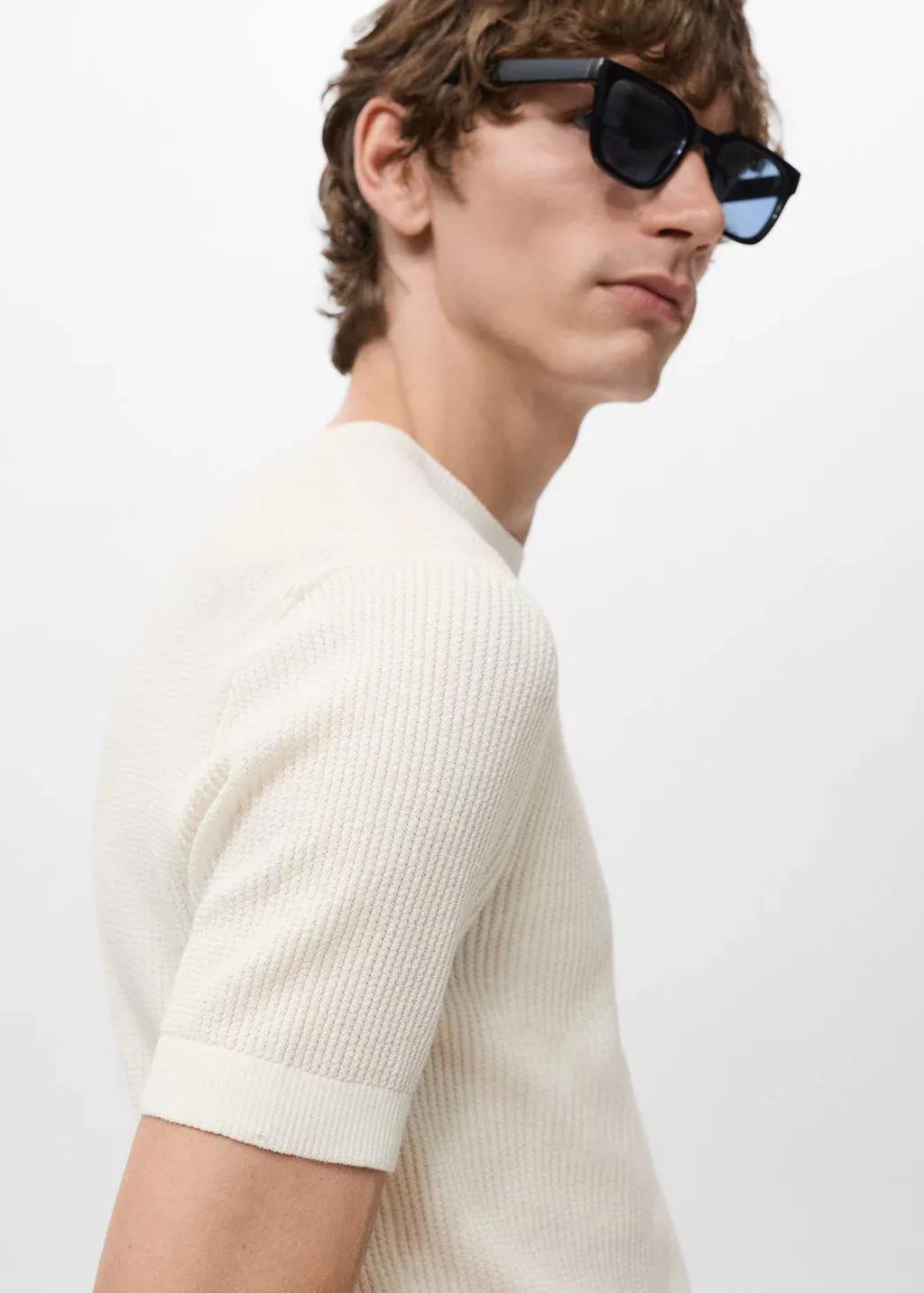 White Ribbed Knit T-Shirt, Natural White, medium