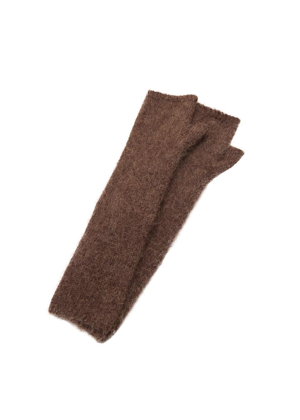 Brown Long Knitted Mittens, Brown, large image number 2