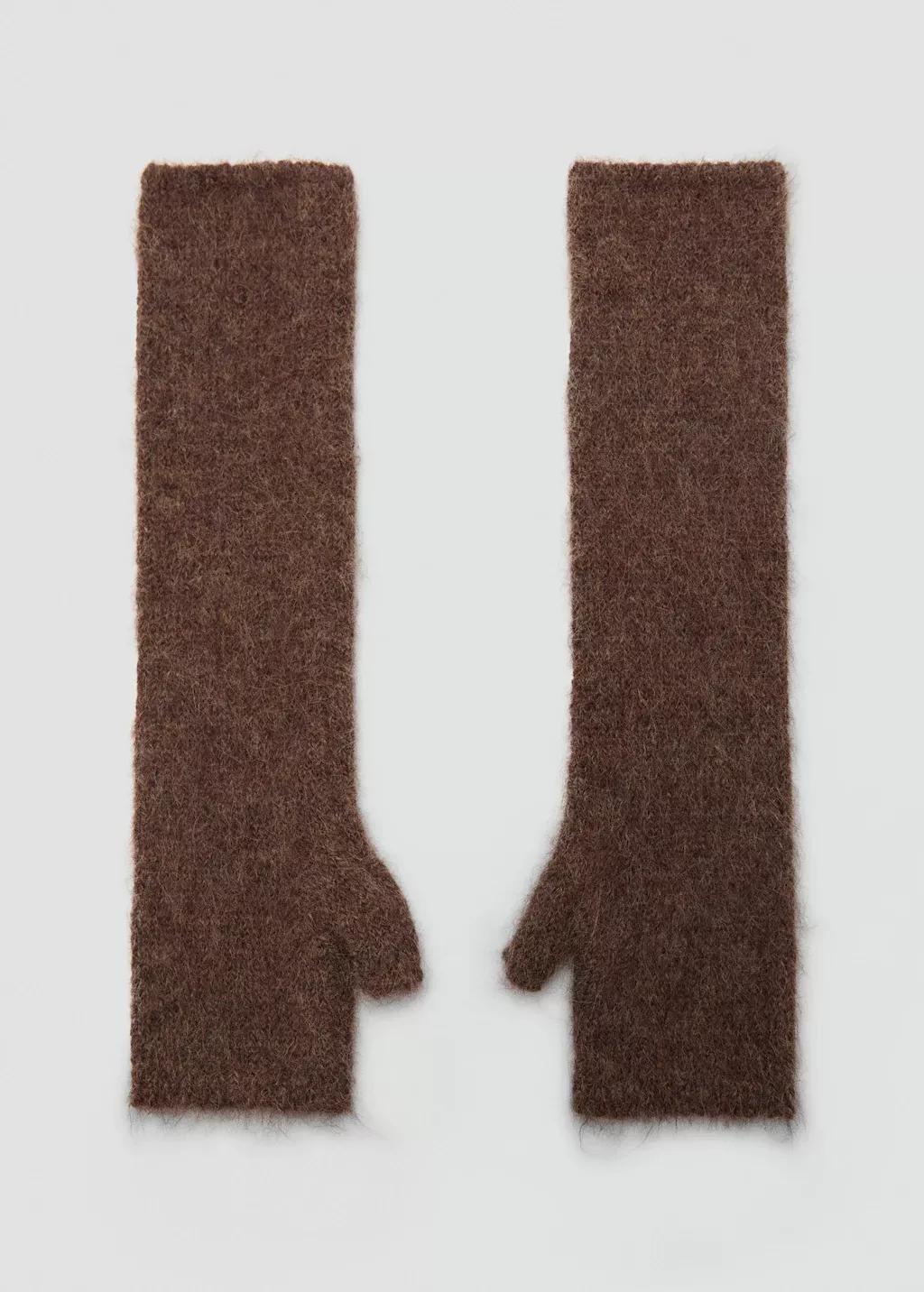 Brown Long Knitted Mittens, Brown, large image number 3