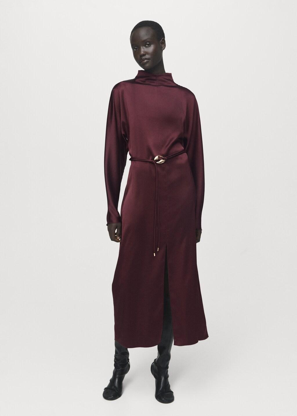 Red Belt Satin Dress, 0201_76, large image number 0