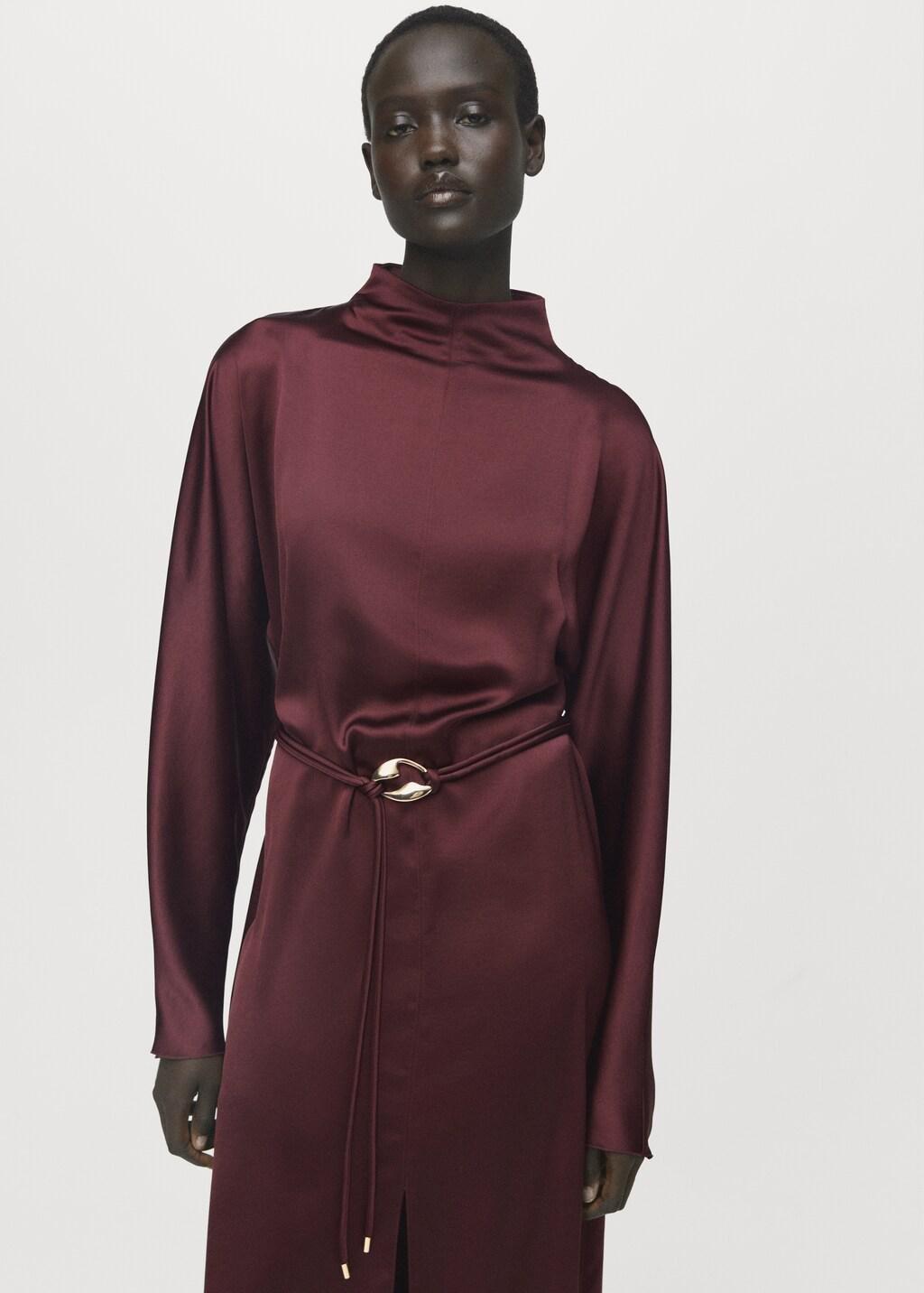 Red Belt Satin Dress, 0201_76, large image number 3