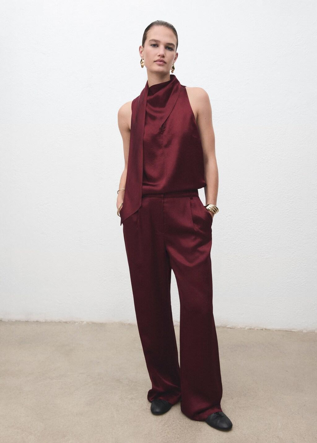 Orange Satin Blouse With Foulard, Rust - Copper, large image number 0