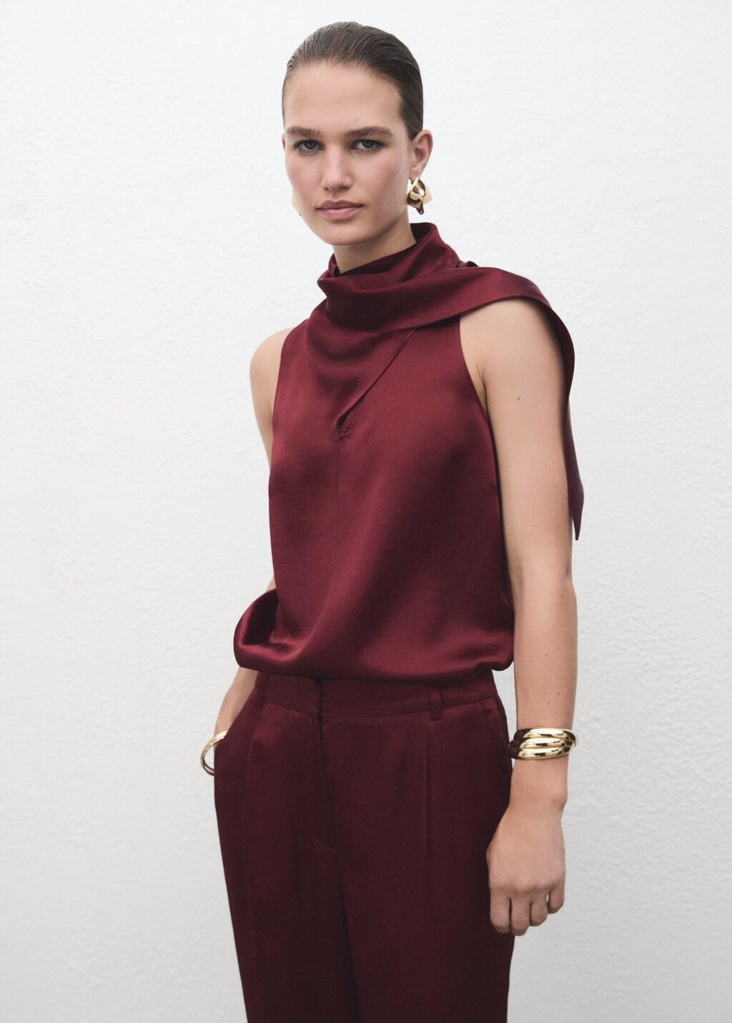 Orange Satin Blouse With Foulard, Rust - Copper, large image number 3