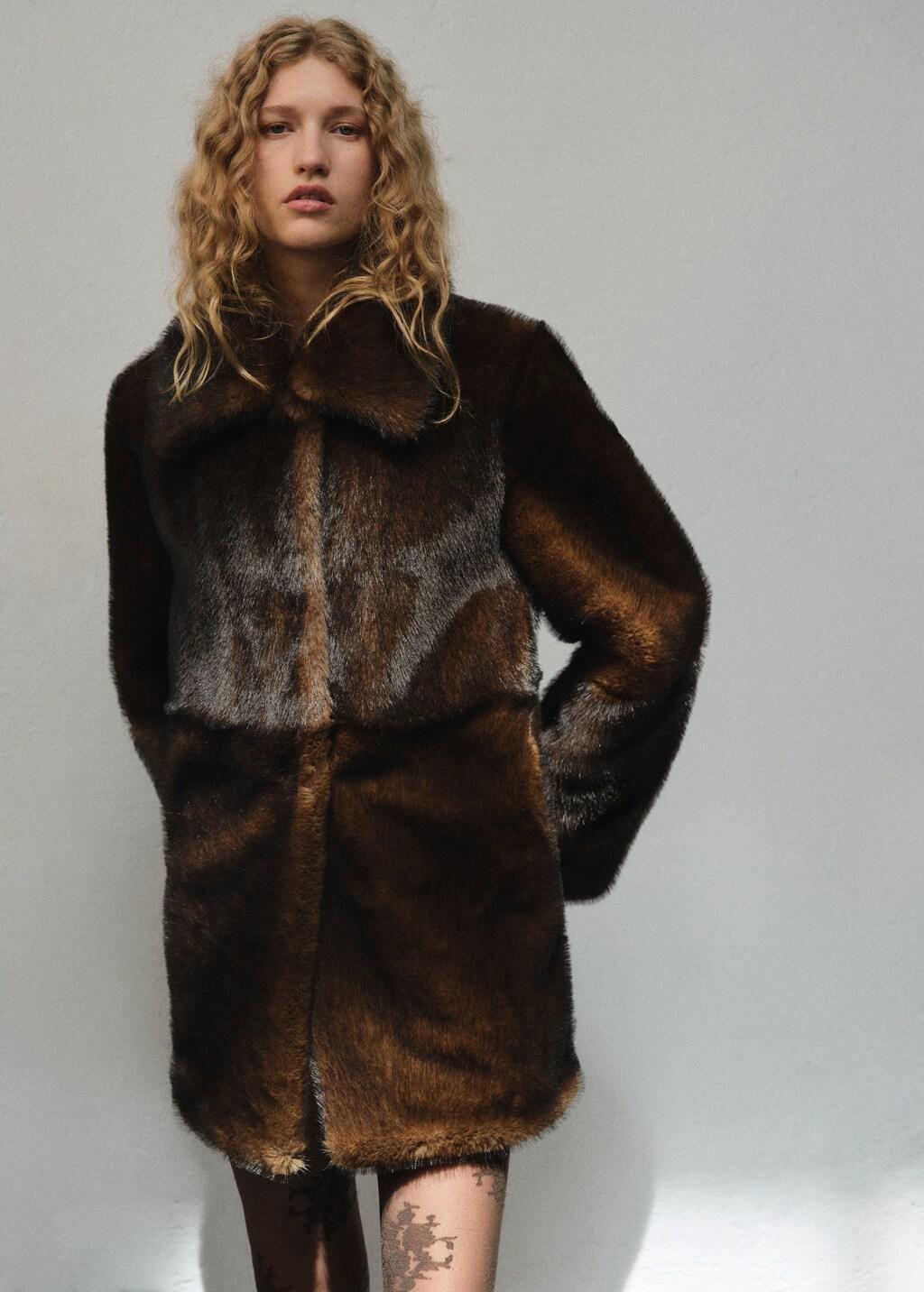 BROWN Fur-effect coat with shirt collar, Brown, large image number 3