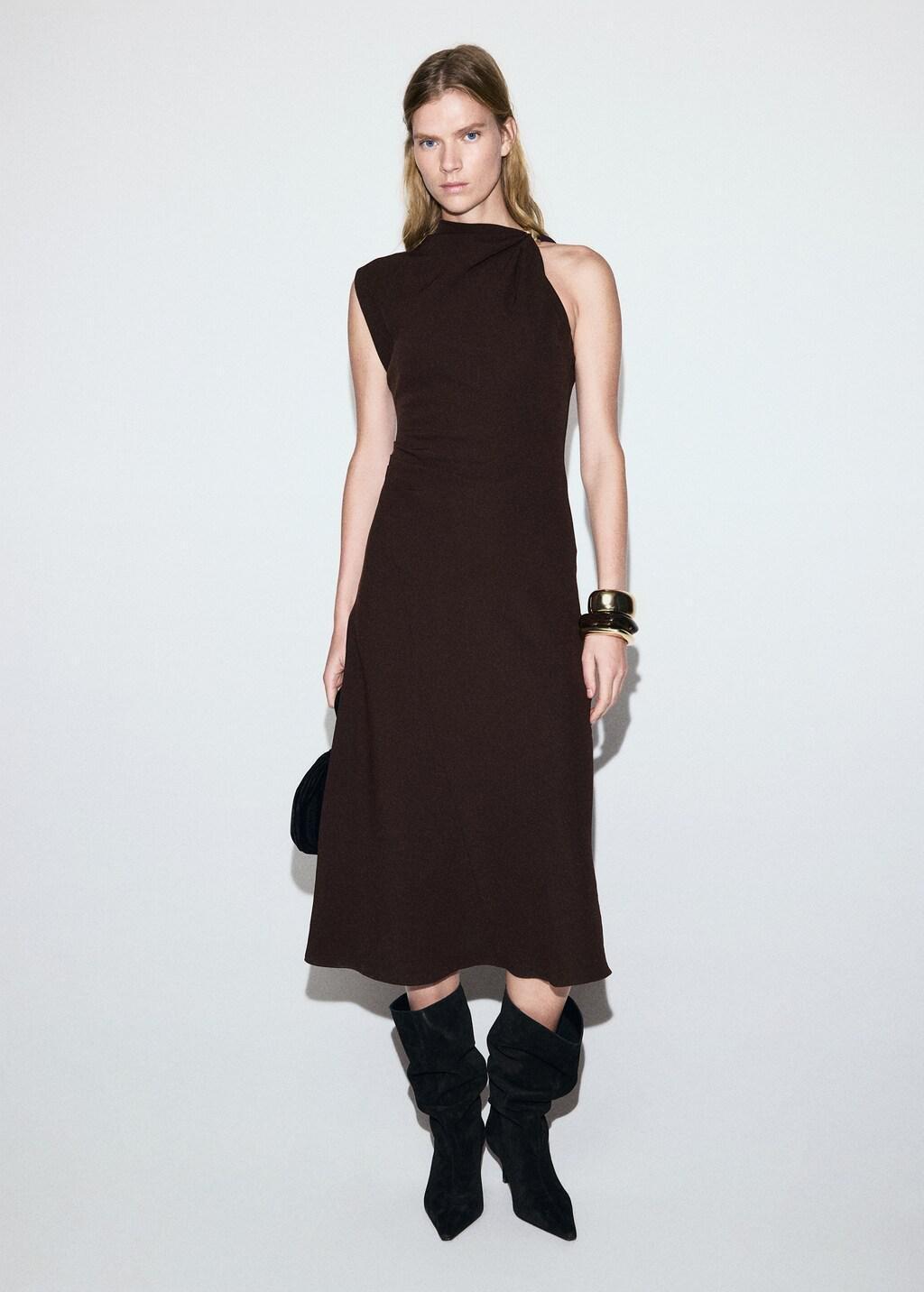 Brown Dress With Asymmetrical Neck And Metallic Detail, Brown, large image number 0