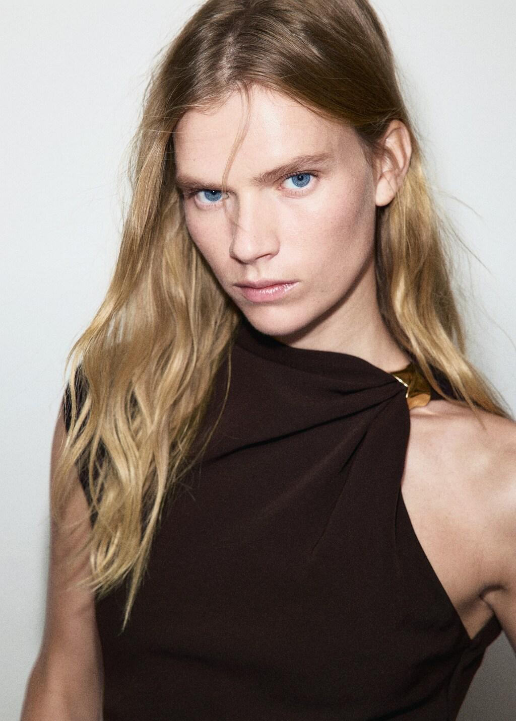 Brown Dress With Asymmetrical Neck And Metallic Detail, Brown, large image number 4