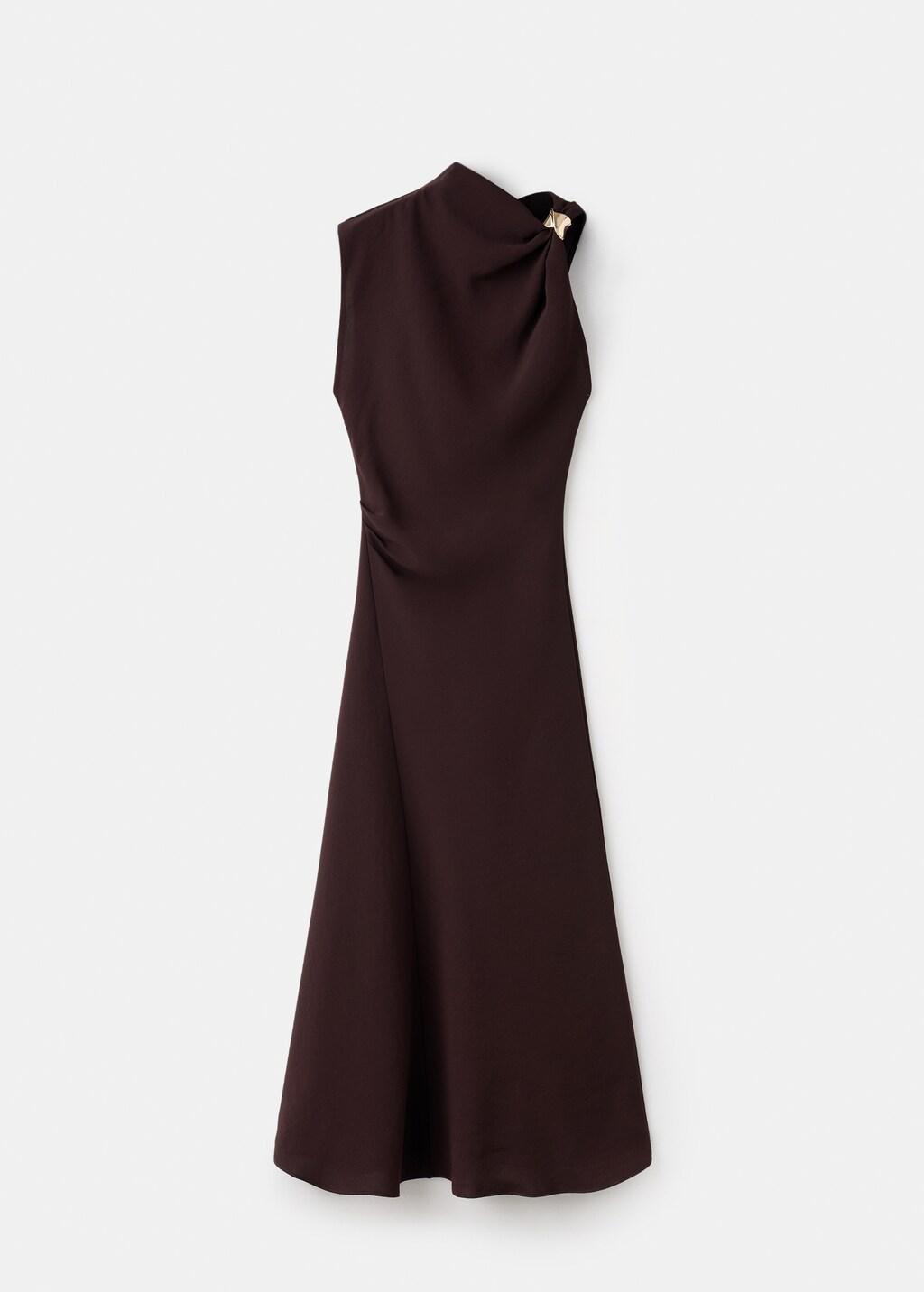 Brown Dress With Asymmetrical Neck And Metallic Detail, Brown, large image number 6