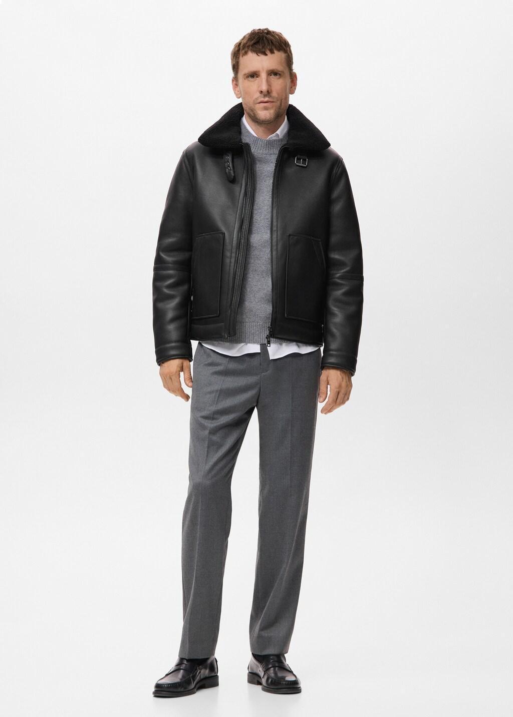 Black Faux-Leather Fleece Jacket, Black, large image number 0