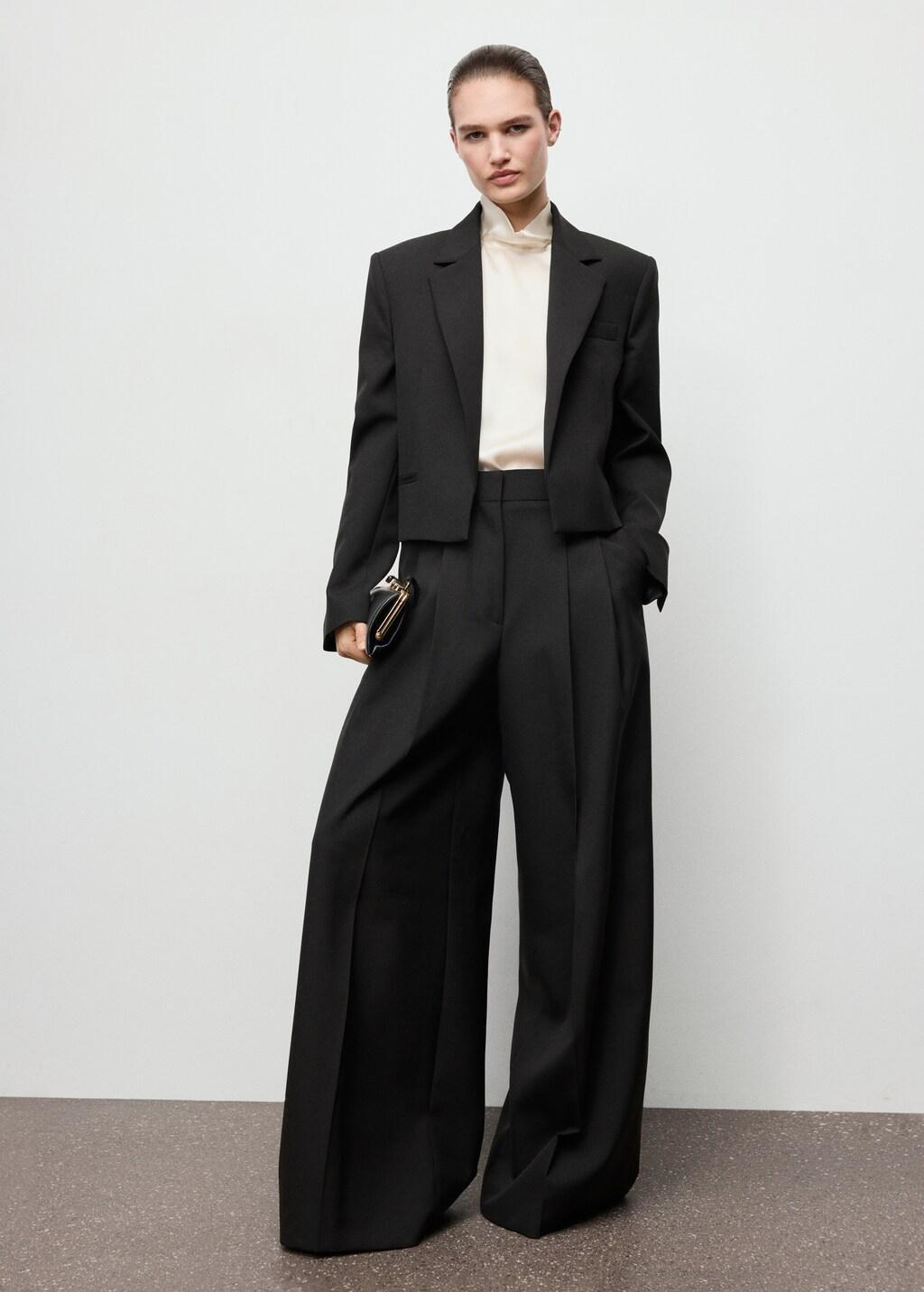 Black Wide-Leg Pleated Suit Trousers, 0201_99, large image number 0