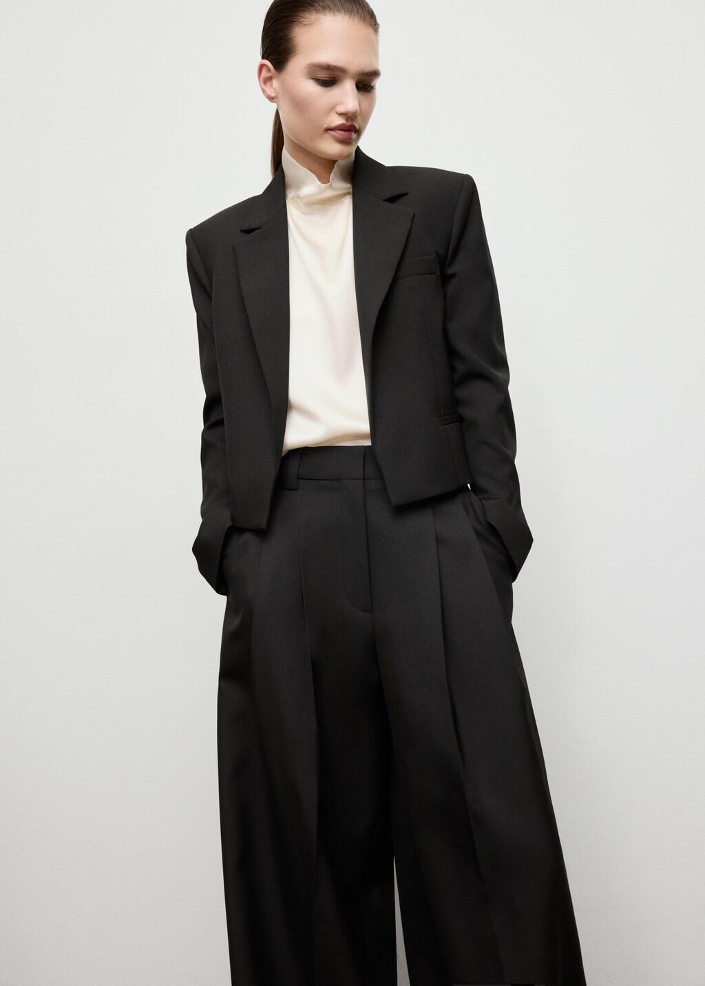 Black Wide-Leg Pleated Suit Trousers, 0201_99, large image number 3