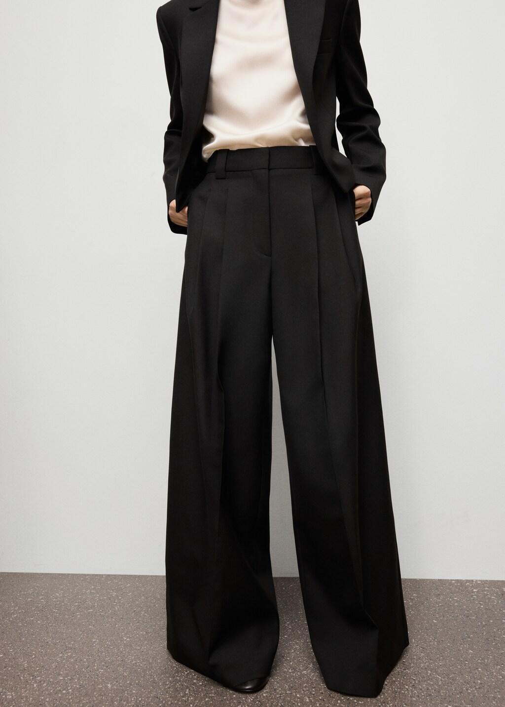 Black Wide-Leg Pleated Suit Trousers, 0201_99, large image number 4