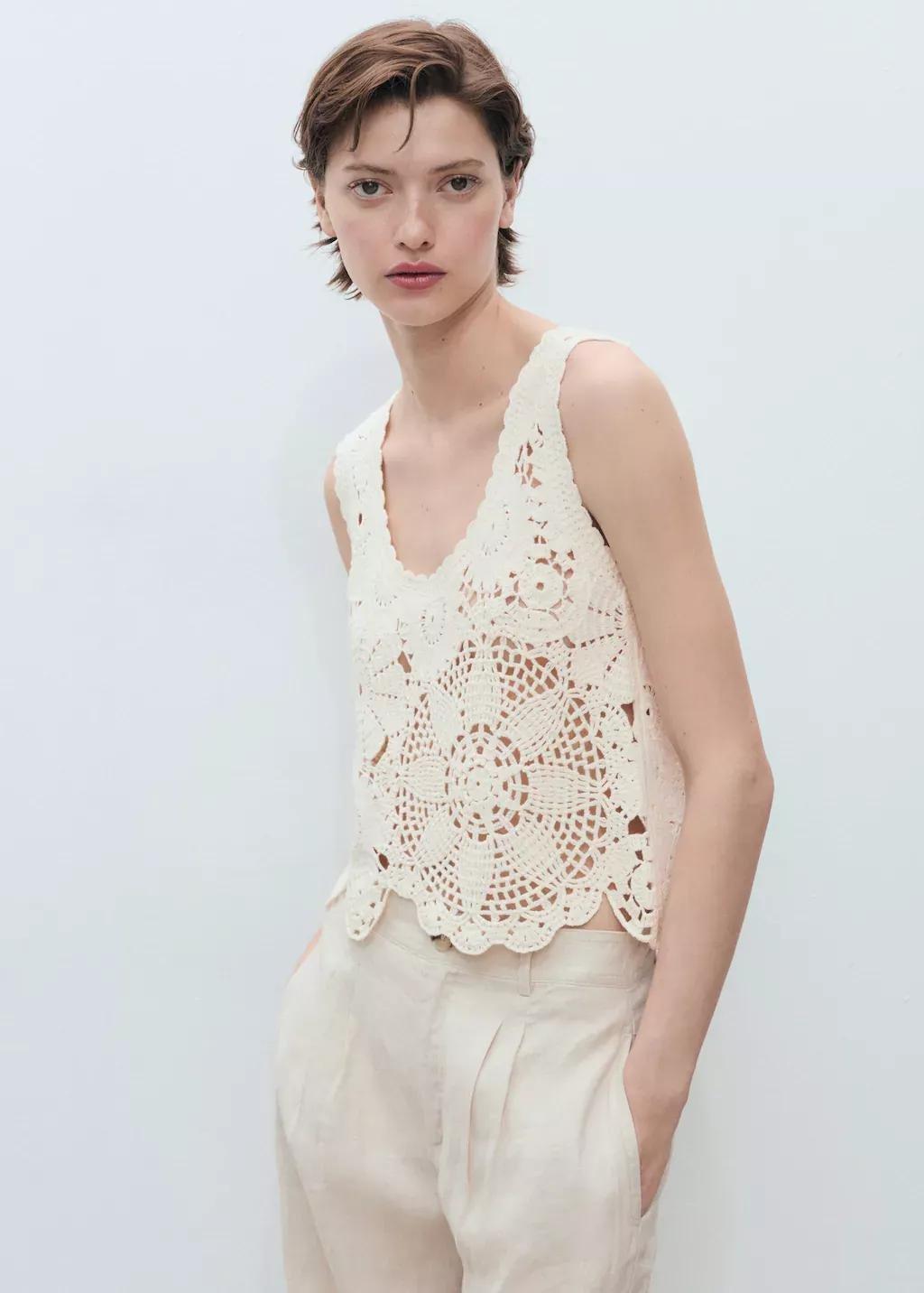 Beige Crochet Top With Flowers, , large image number 0