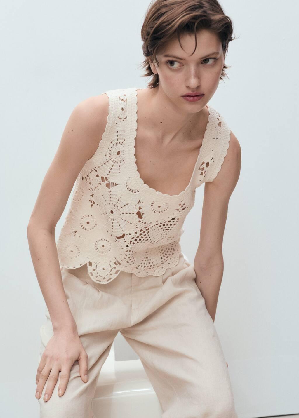 Beige Crochet Top With Flowers, , large image number 2