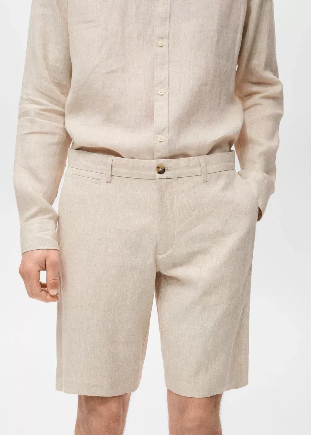 Ecru Slim-Fit Linen Bermuda Shorts, Light Beige, medium