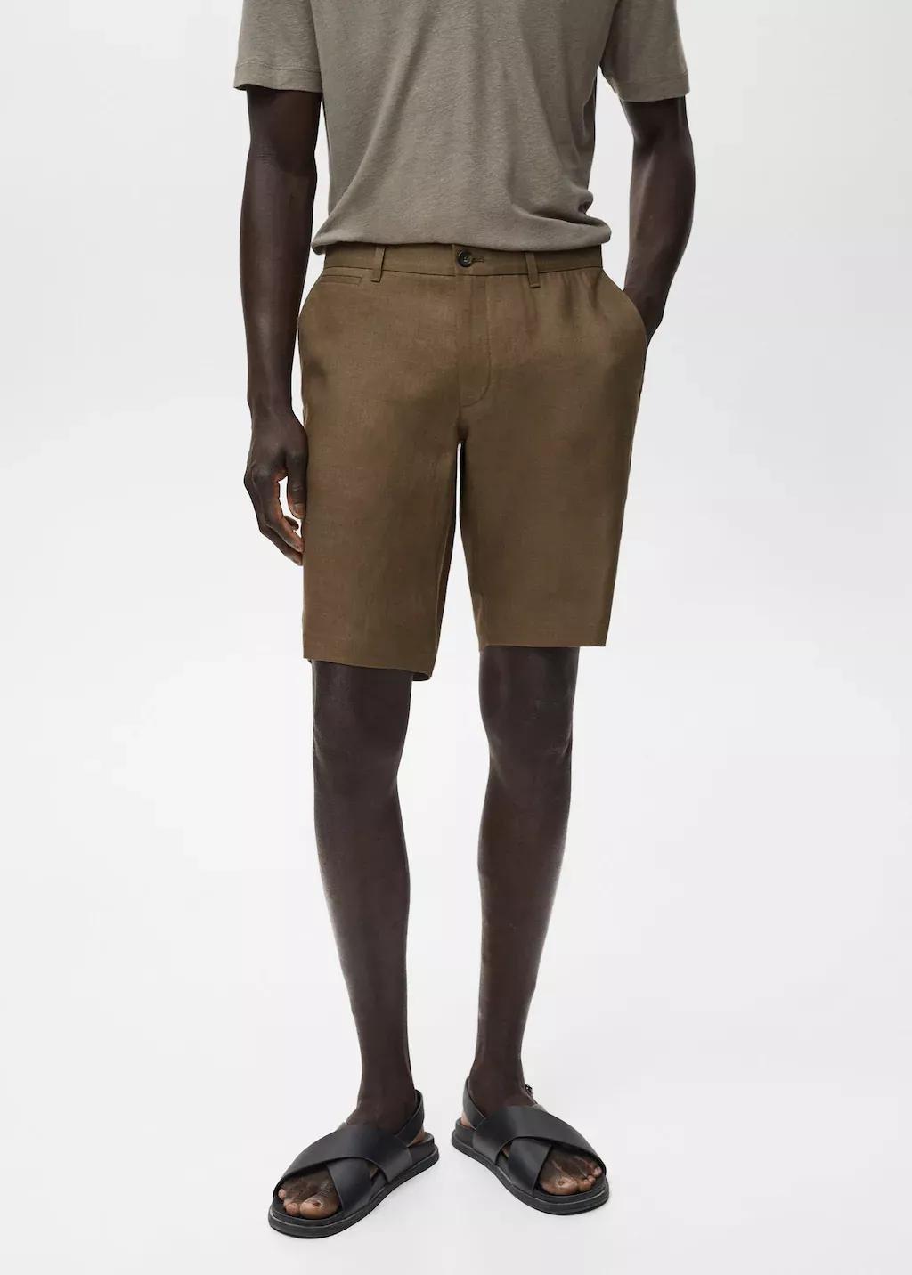 Brown Slim-Fit Linen Bermuda Shorts, Medium Green, large image number 0