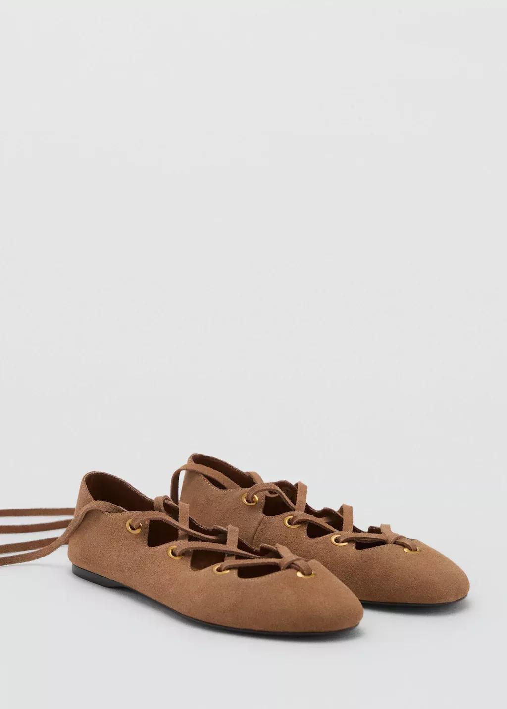 BROWN Suede ballet flats with crossed straps, , large image number 0