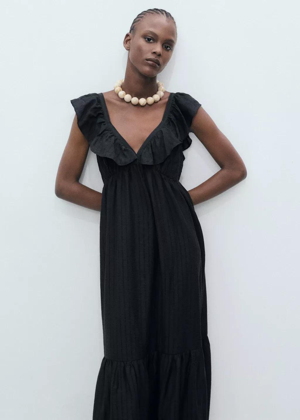 Black Long Dress With Ruffle Neckline, , large image number 0