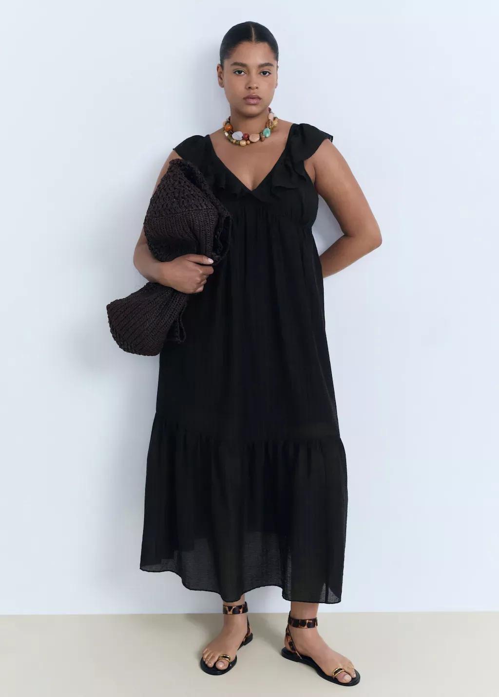 Black Long Dress With Ruffle Neckline, , large image number 3