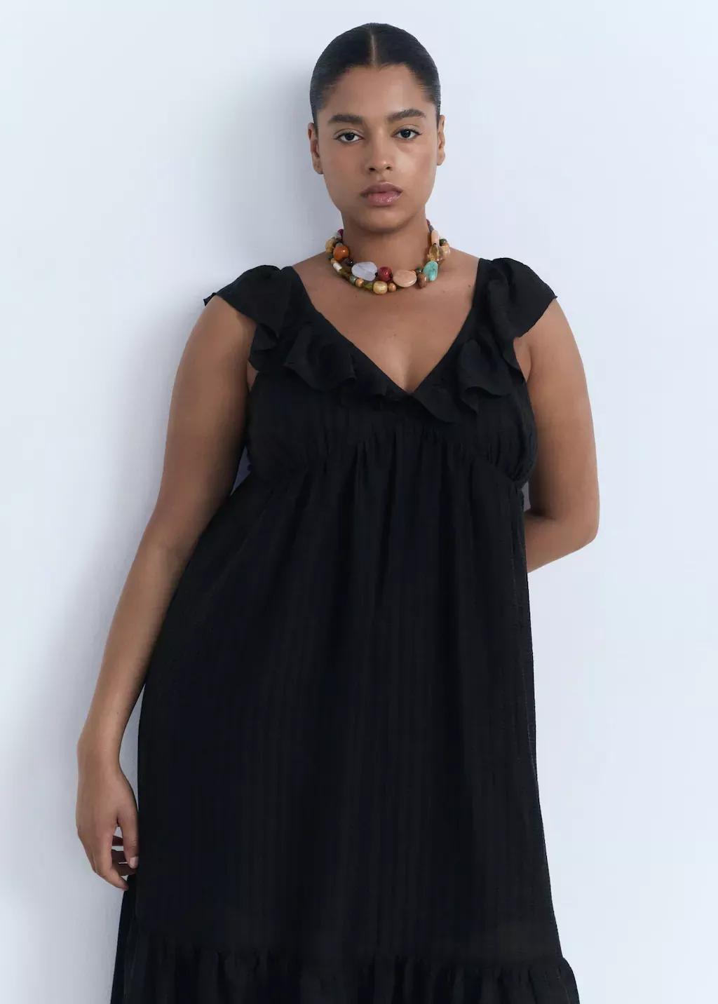 Black Long Dress With Ruffle Neckline, , large image number 7