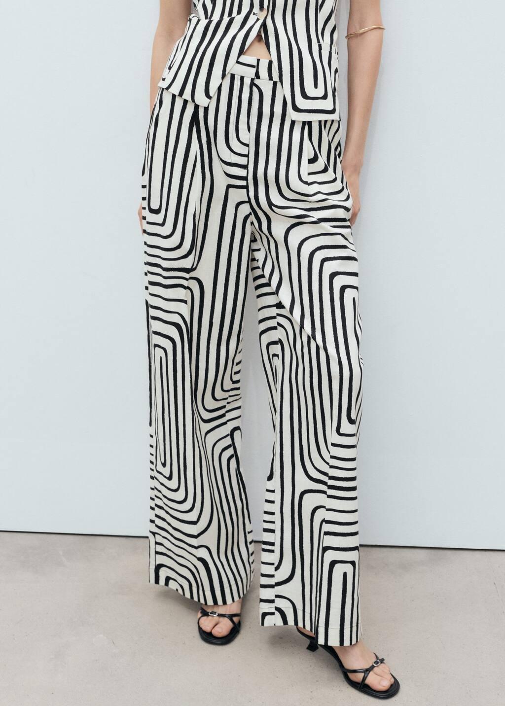 White Geometric-Print Linen Trousers, , large image number 0