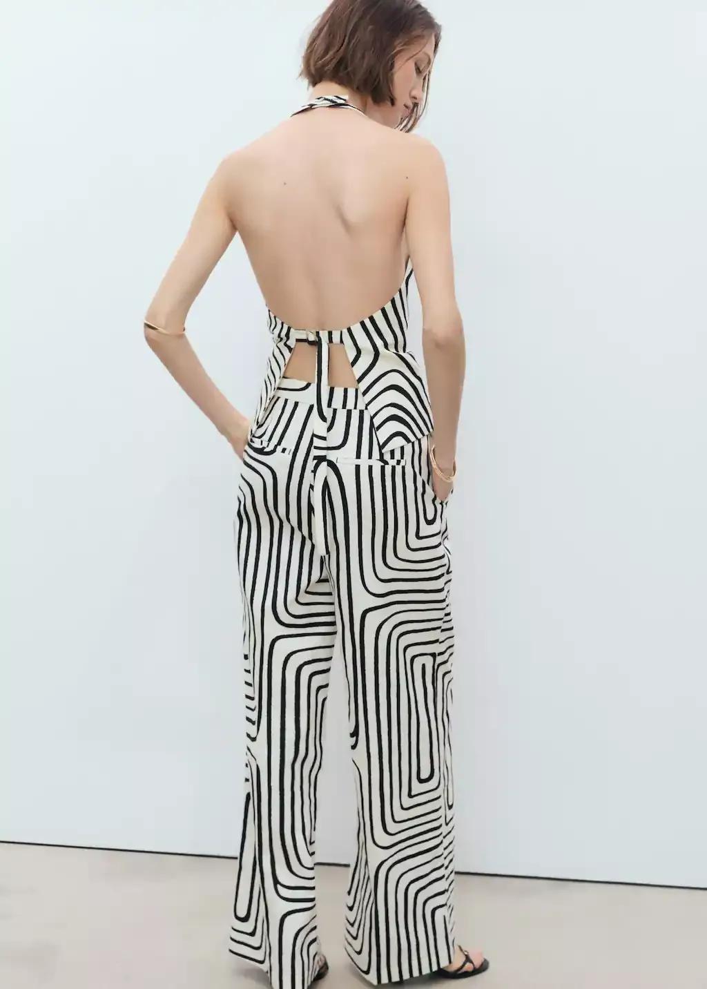 White Geometric-Print Linen Trousers, , large image number 5