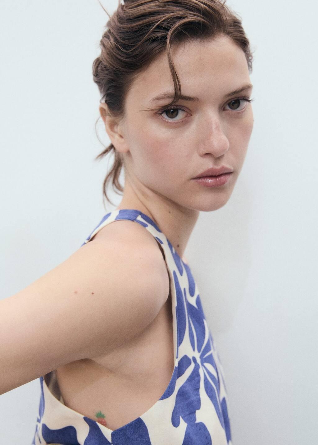 Blue Printed Linen-Blend Top, , large image number 1