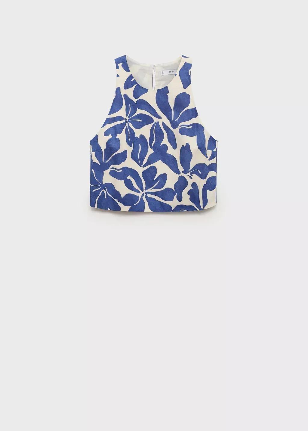 Blue Printed Linen-Blend Top, , large image number 3