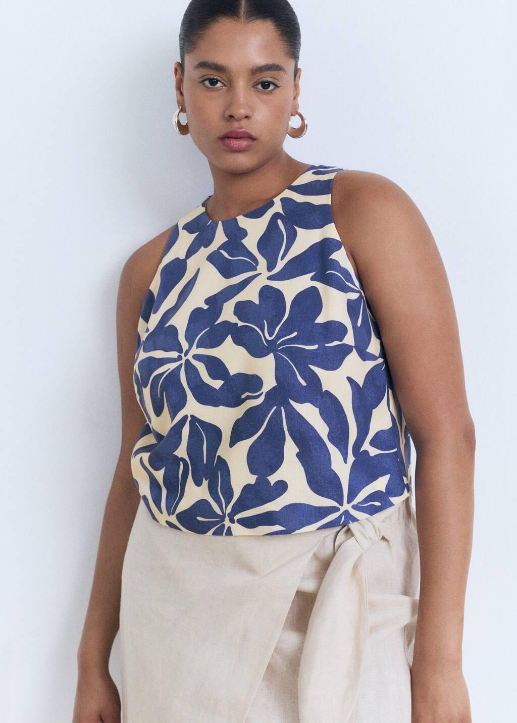 Blue Printed Linen-Blend Top, , large image number 6