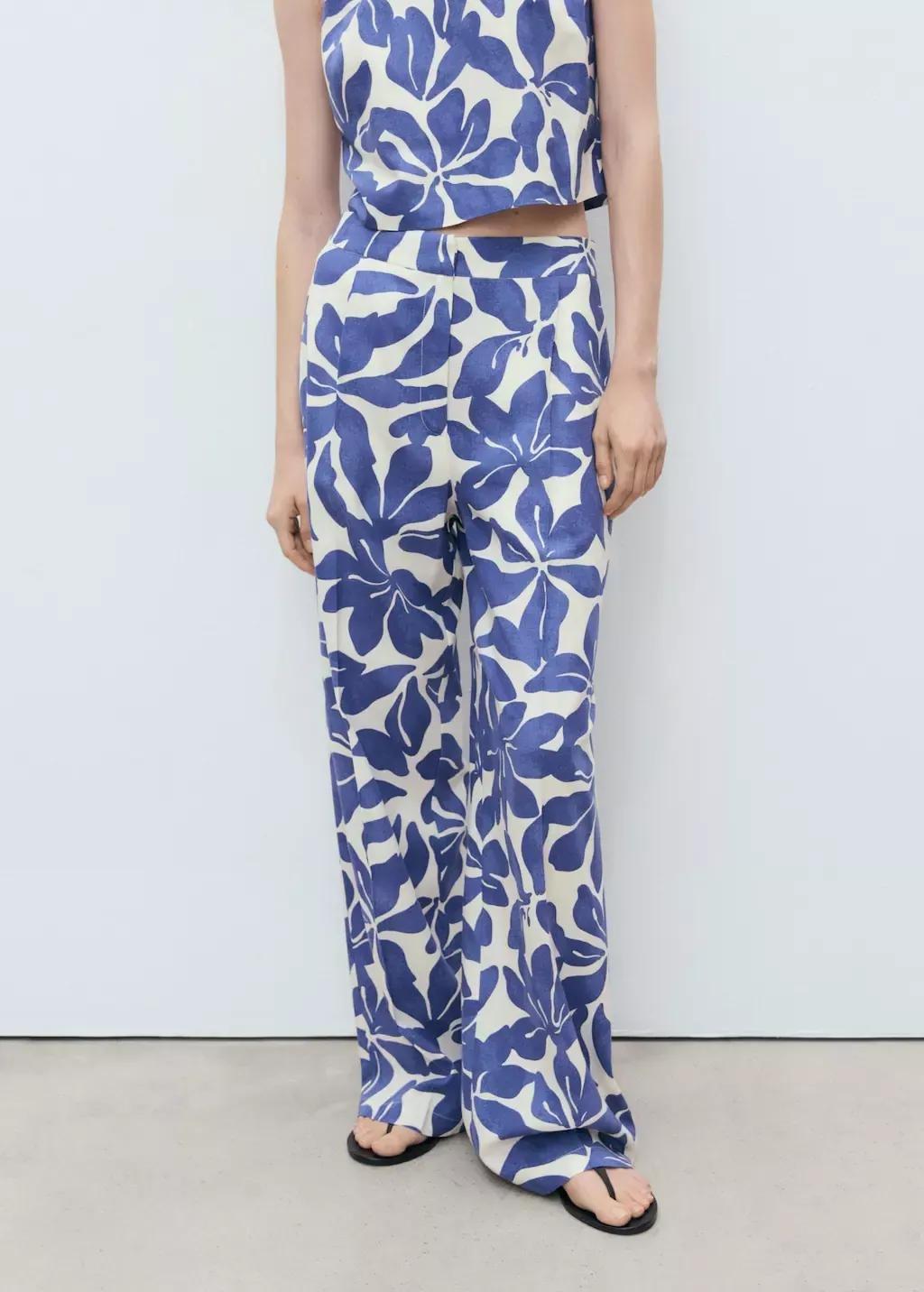 Blue Printed Linen-Blend Trousers, , large image number 0
