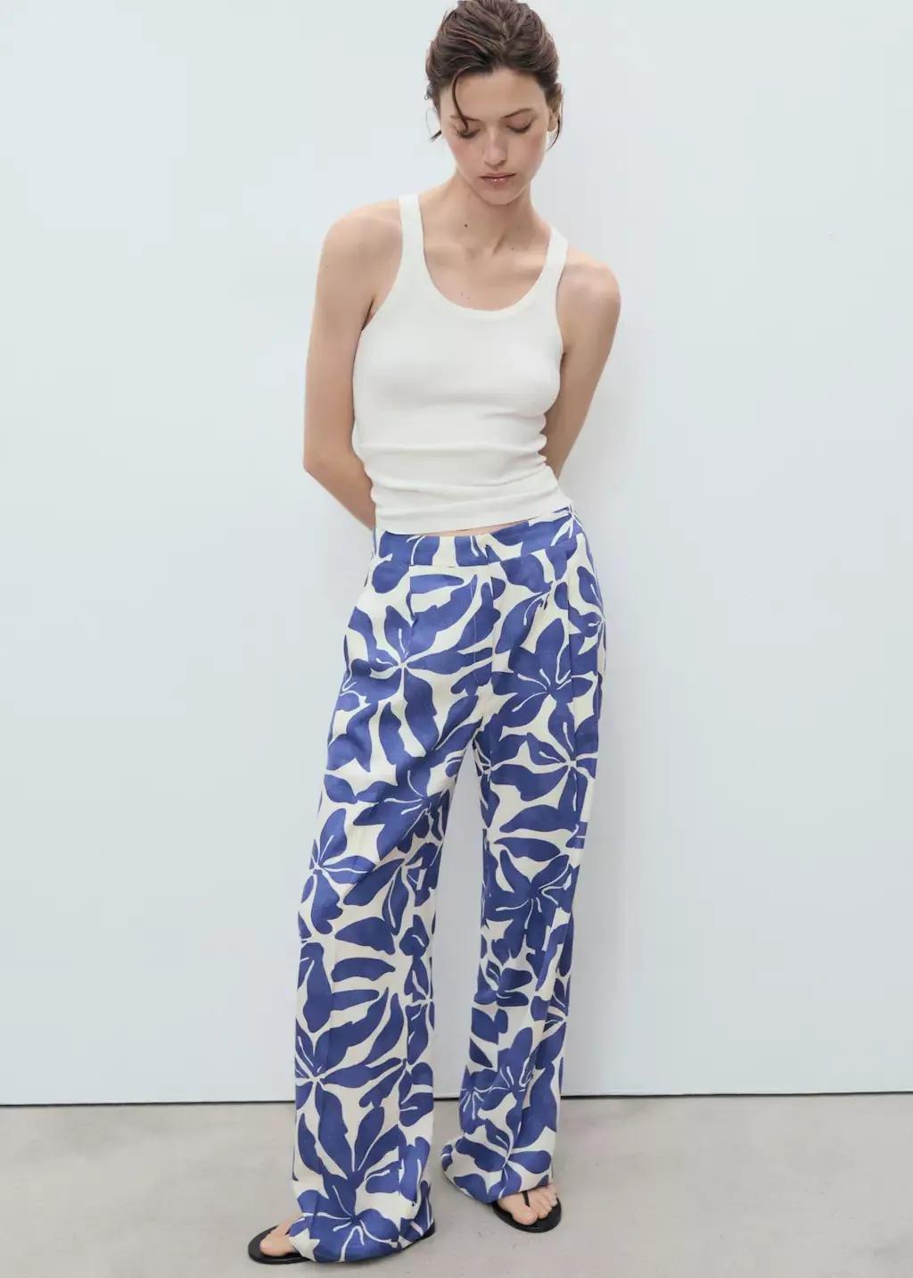 Blue Printed Linen-Blend Trousers, , large image number 2