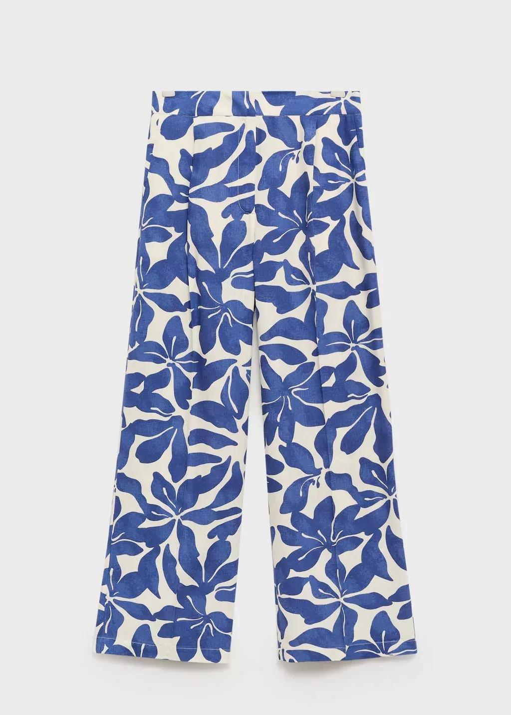 Blue Printed Linen-Blend Trousers, , large image number 3