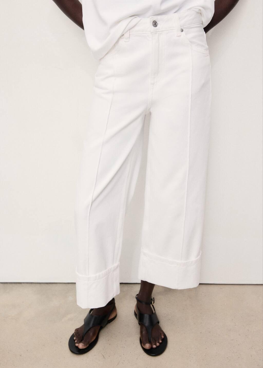 White Wide Leg Jeans With Turned-Up Hem, , large image number 0