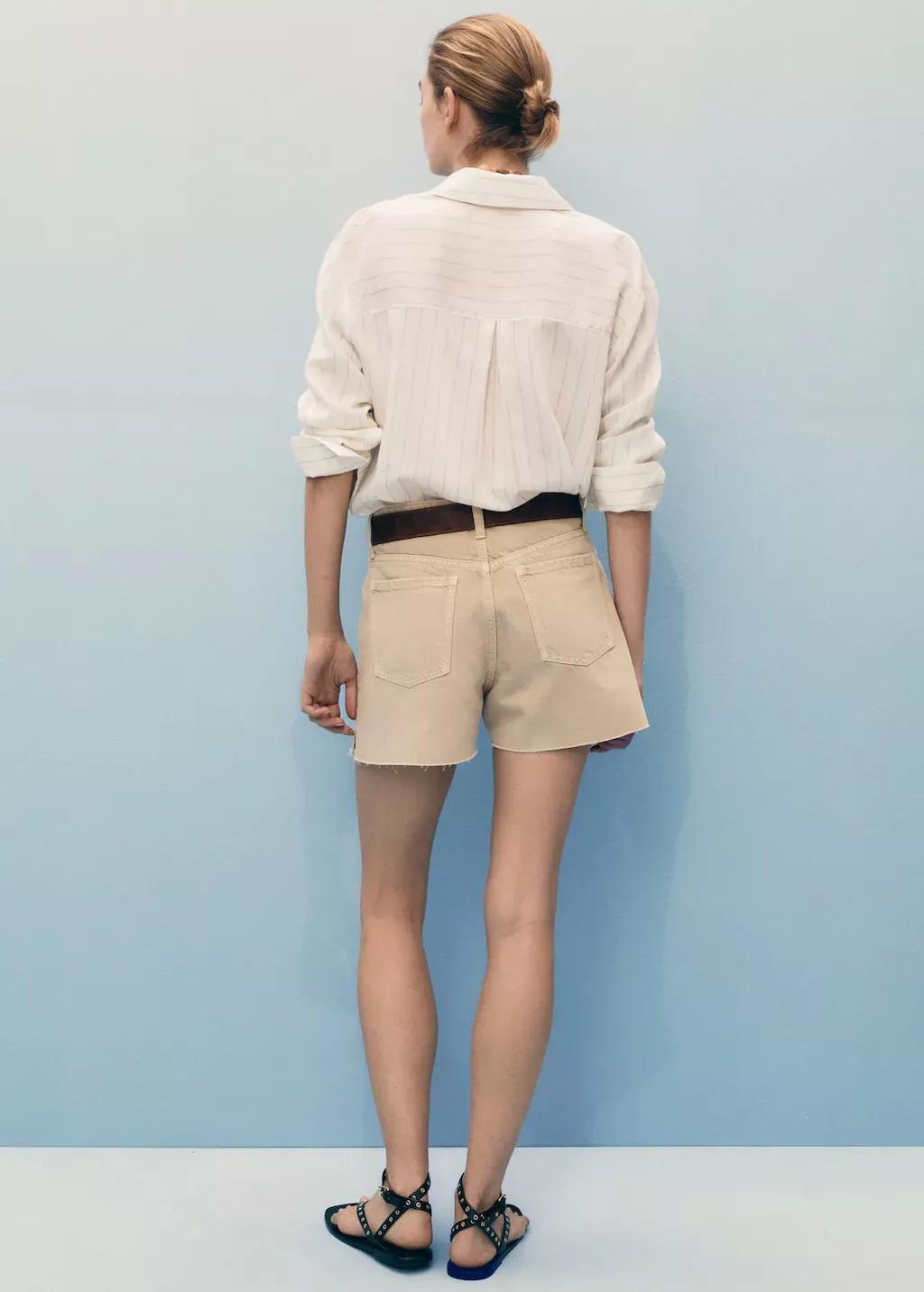 Beige Denim Shorts With Frayed Hem, , large image number 4