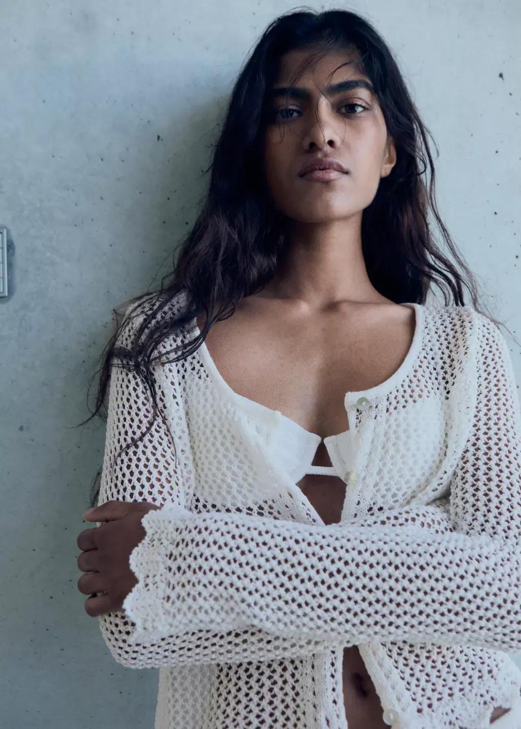 Cream Crochet Cardigan With Buttons, , large image number 0